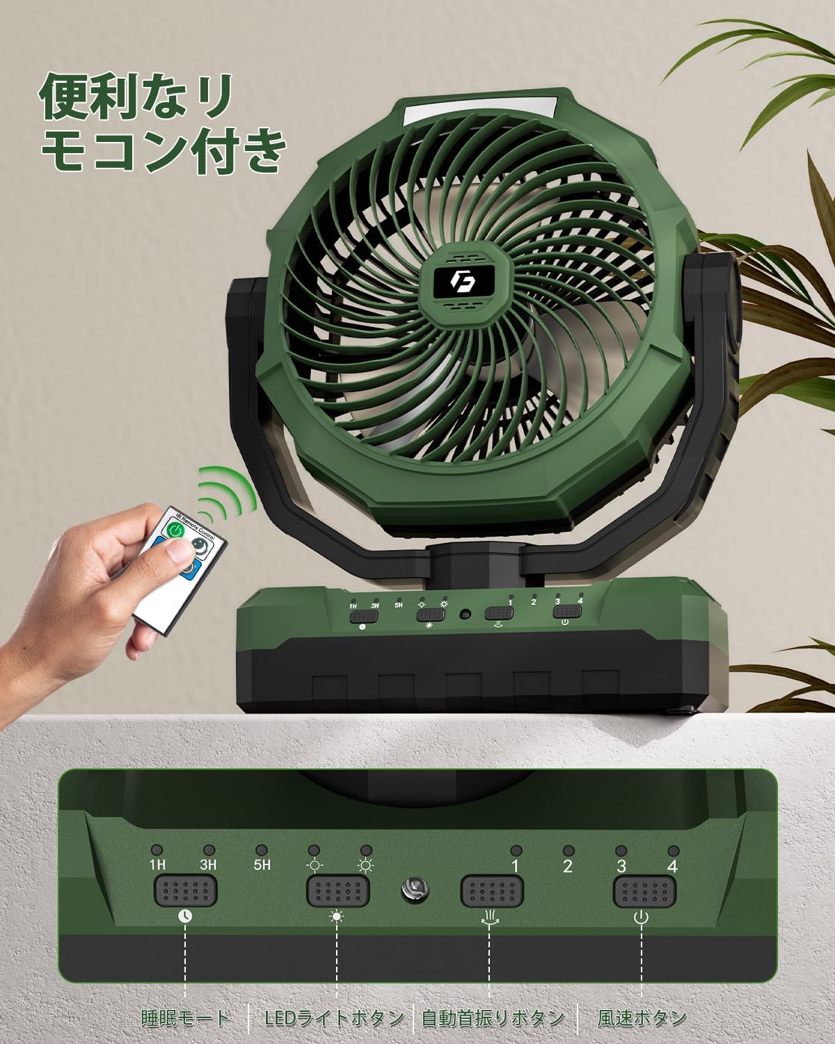 アウトドア用12000mAh大容量扇風機 リモコン付き 自動首振り LEDライト搭載 コンパクトキャンプ用品