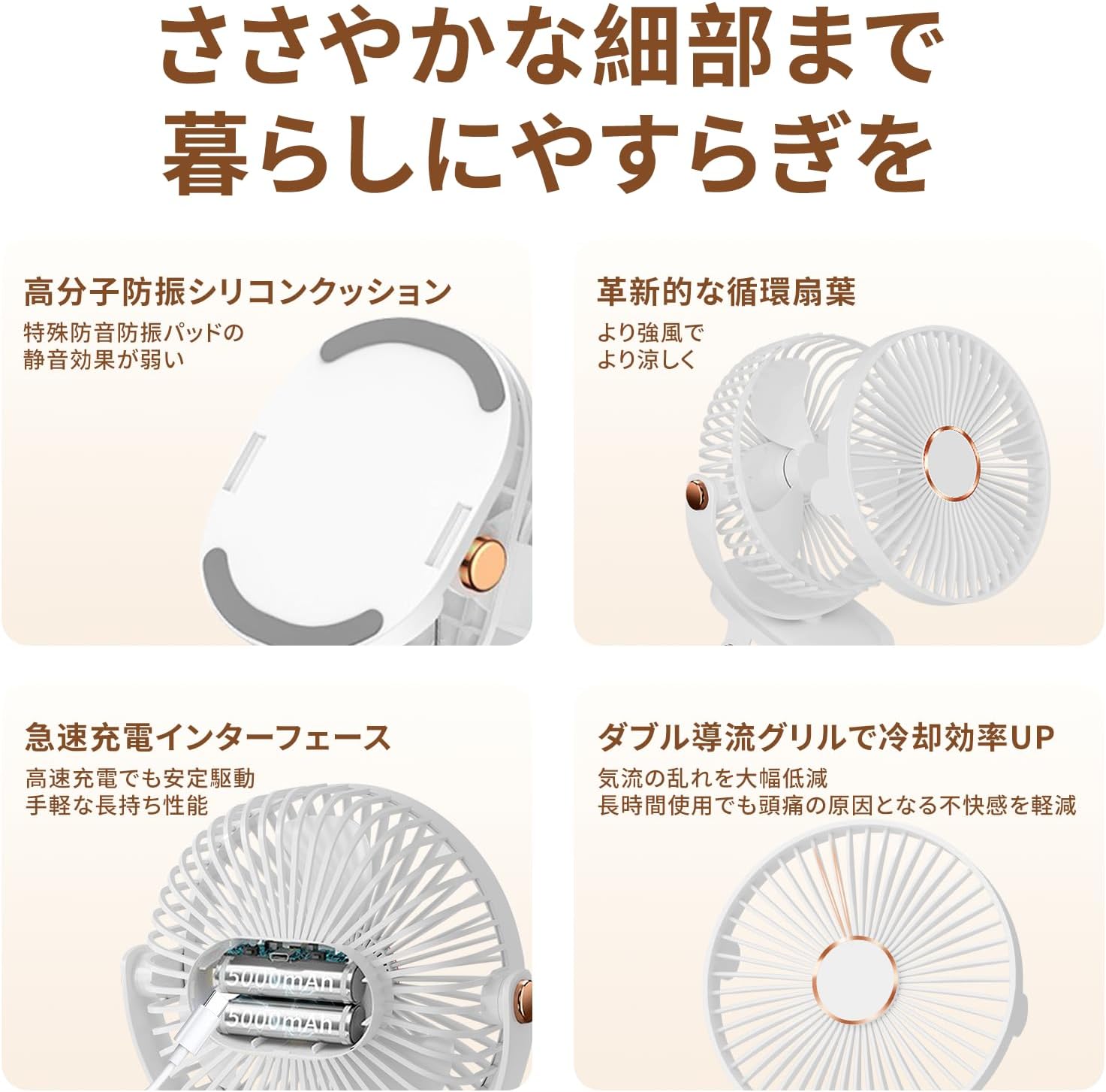卓上扇風機 USB充電式 5段階風量調節 極静音26db LEDライト付き 軽量ミニファン
