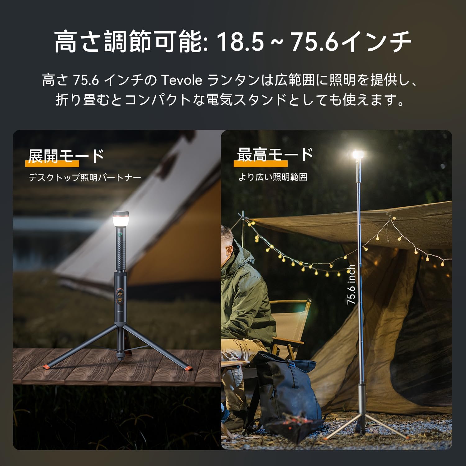 800ルーメン USB充電式防水LEDキャンプライト 磁気ベース付き 伸縮＆折りたたみ式
