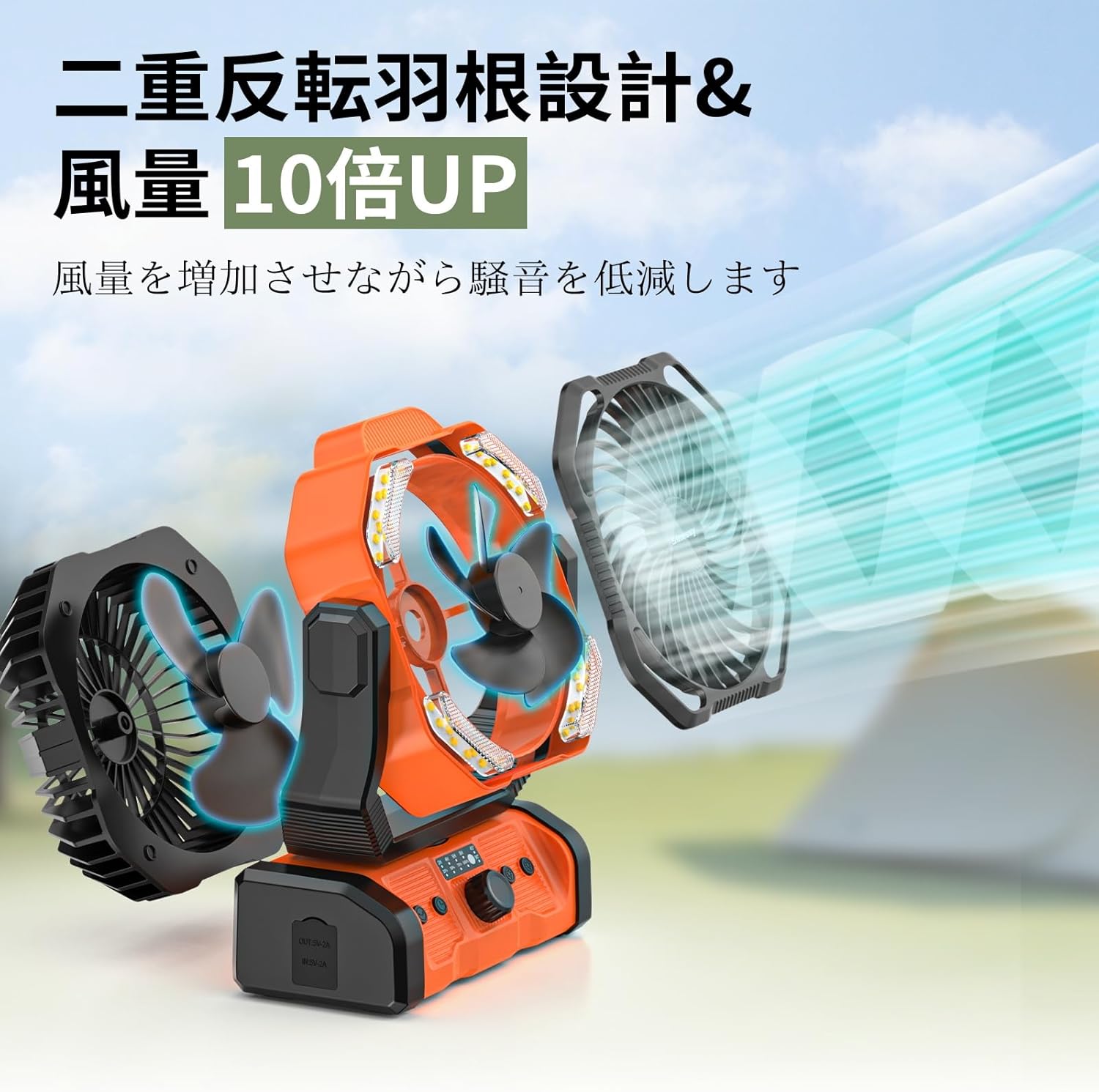 アウトドア用大容量充電式首振り扇風機 20000mAh - 最大60時間使用可能、リモコン・タイマー機能付き