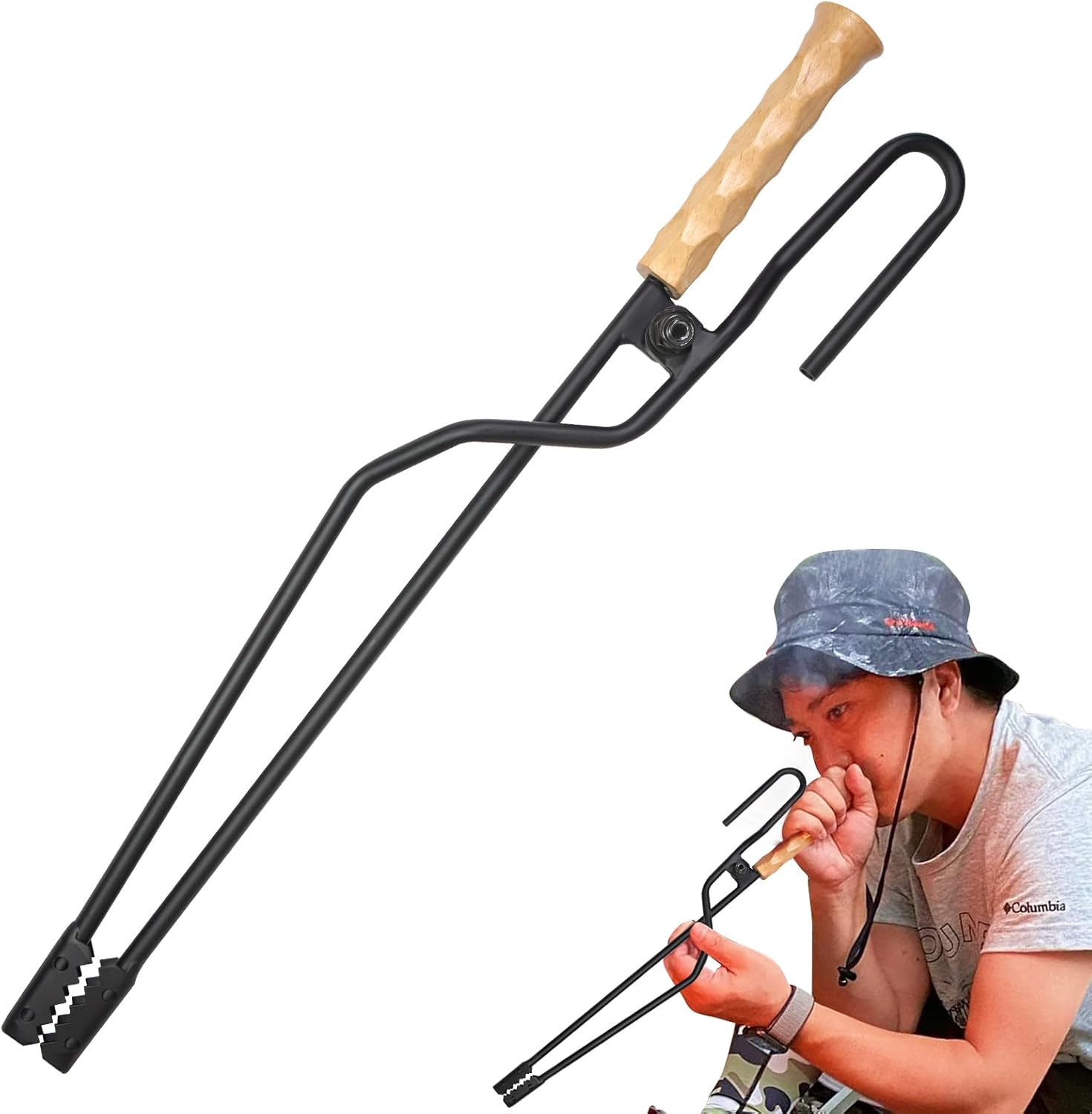 キャンプ用 軽量一体型火バサミ・火吹き棒 鉄製 天然木 名栗加工 BBQトング
