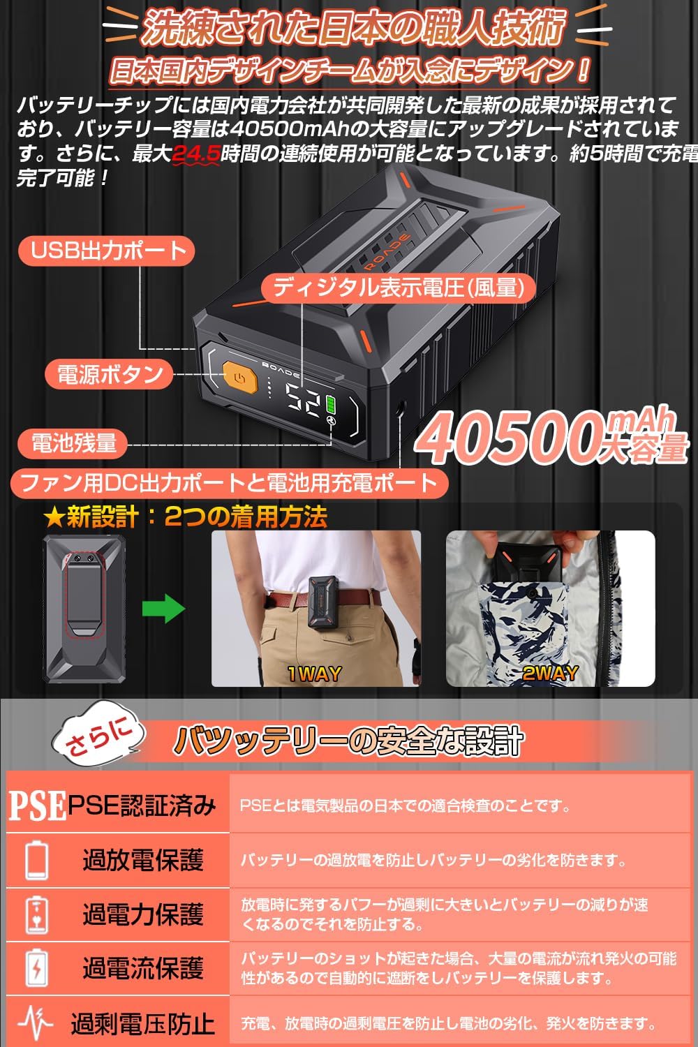 52V超暴風ファンバッテリーセット 大容量40500mAh 最大24時間稼働 男女兼用 PSE認証 Japanブランド