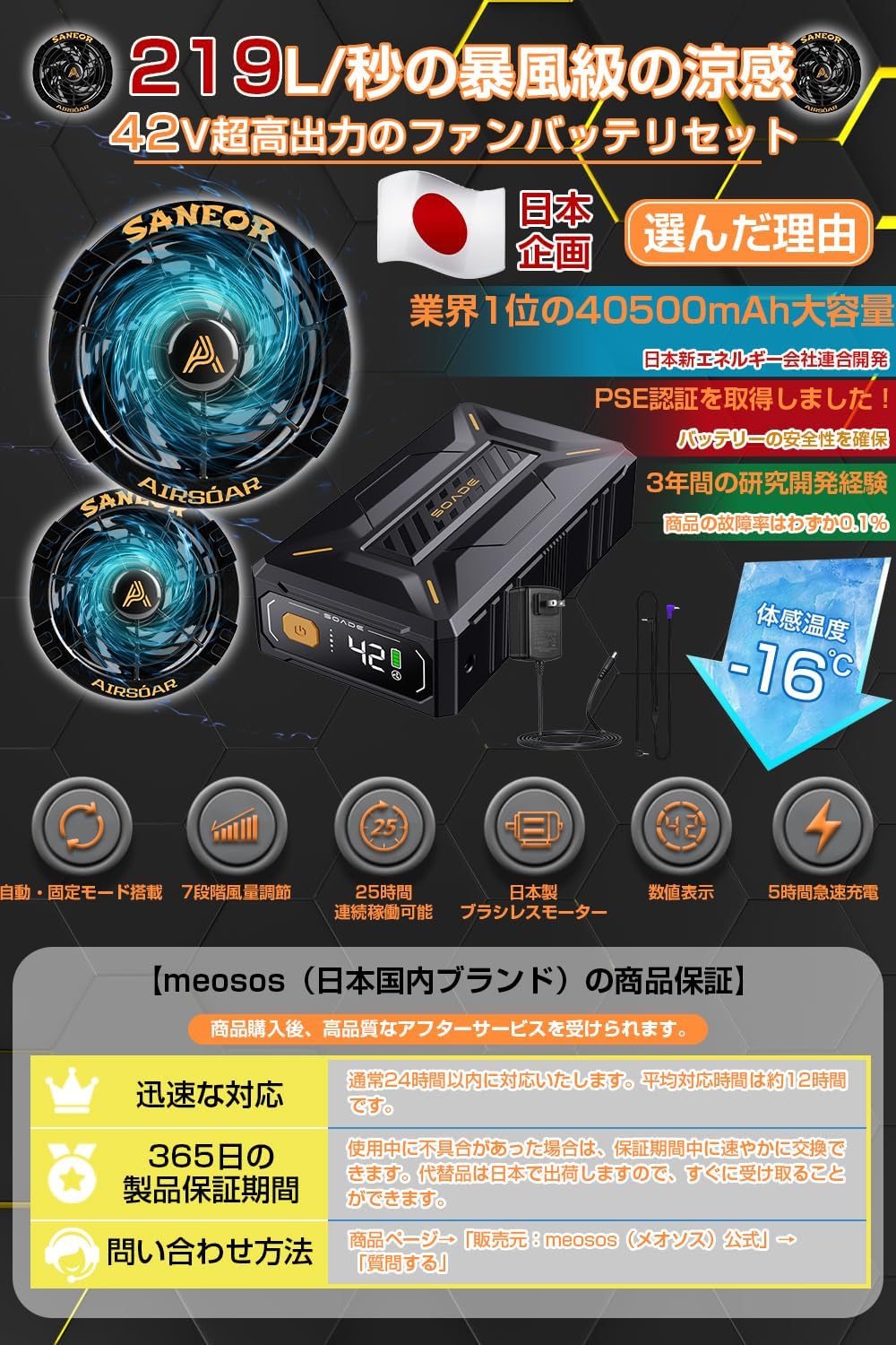 [夏の作業服] 空調ファンバッテリーセット【最大25時間稼働・7段階風量調節】