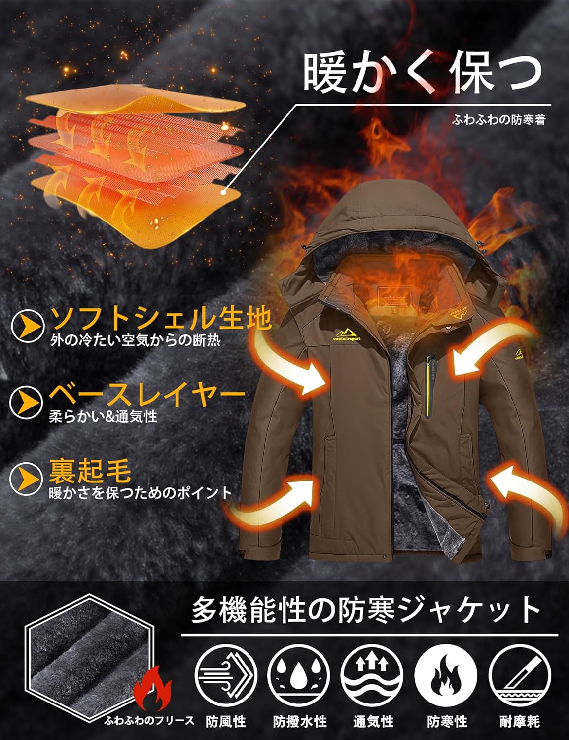 アウトドア メンズ 多機能フリース裏ボアマウンテンパーカー