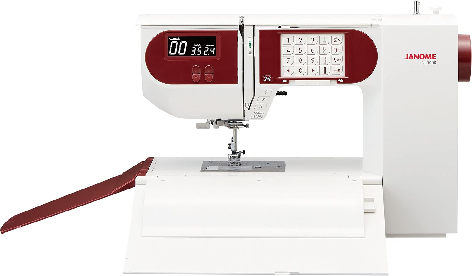 赤いフットコントローラー付きコンピュータミシン JANOME NL9000