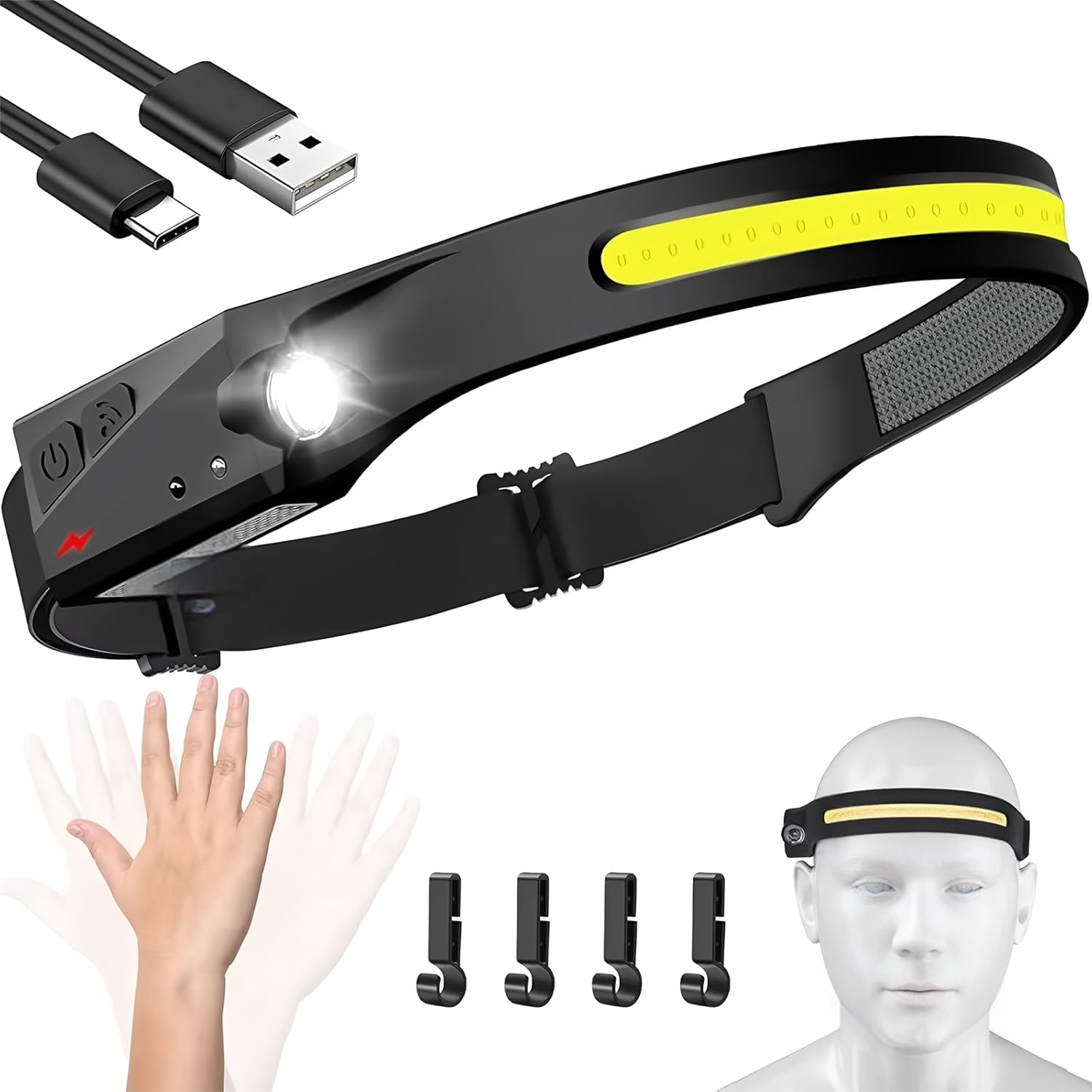 充電式LEDヘッドランプ UMIONE 450ルーメン 軽量センサー付き アウトドア用 ブラック