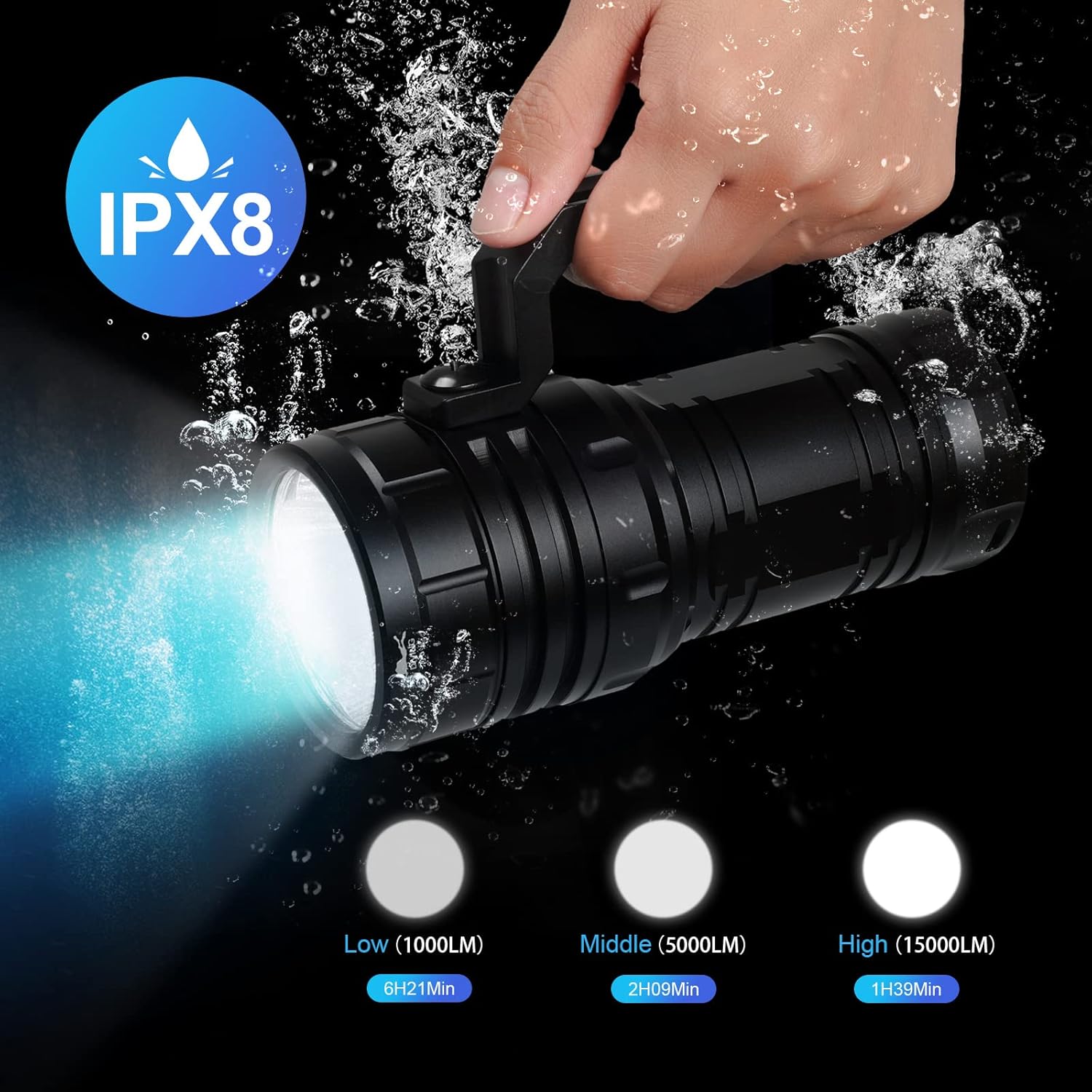 15000ルーメン IPX8防水ダイビングライト DL06 充電式 LED懐中電灯