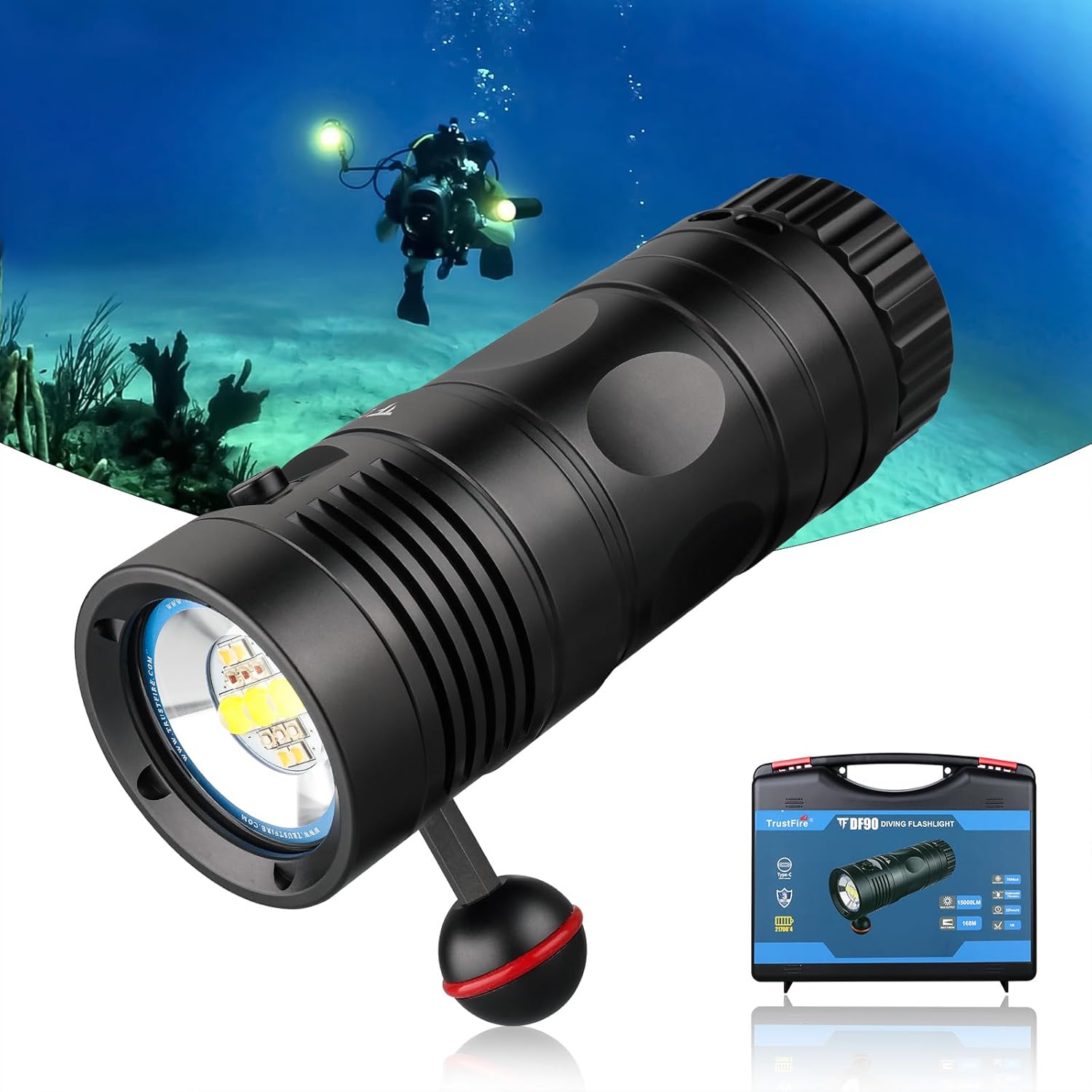 ダイビング用LED懐中電灯 TrustFire DF90 - 15000ルーメン・水中70m対応・充電式バッテリー搭載