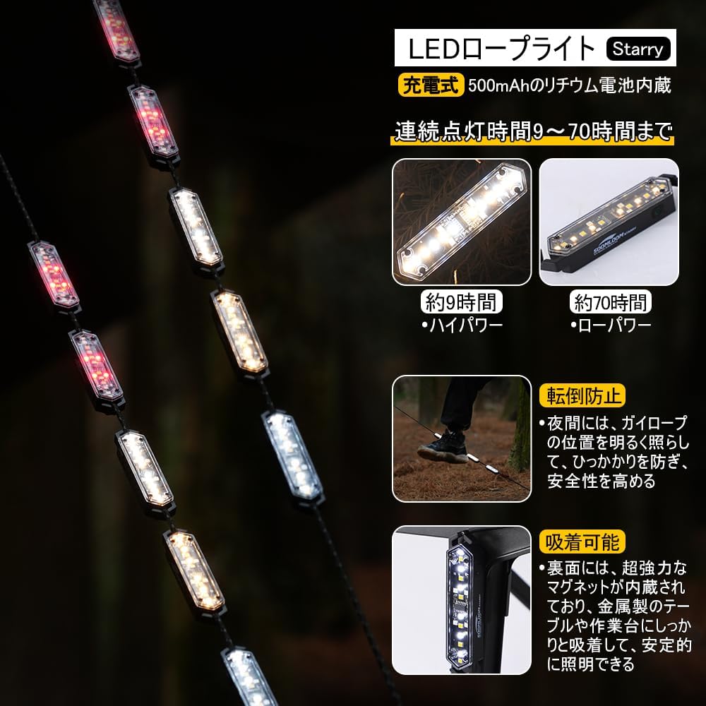 Soomloom ガイロープ LED ライト 充電式 軽量 防水 磁石内蔵 アウトドア テント用