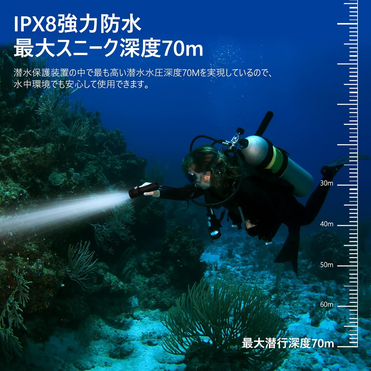 ダイビングライト 2600ルーメン 超軽量防水 LED水中灯 水中70m用