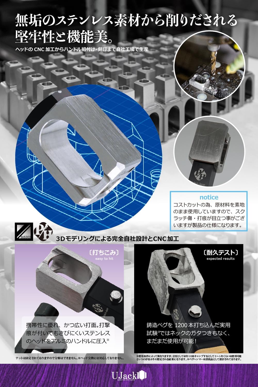 日本製コンパクトペグハンマー ステンレス製 ストレート型 (ラバーグリップ付)