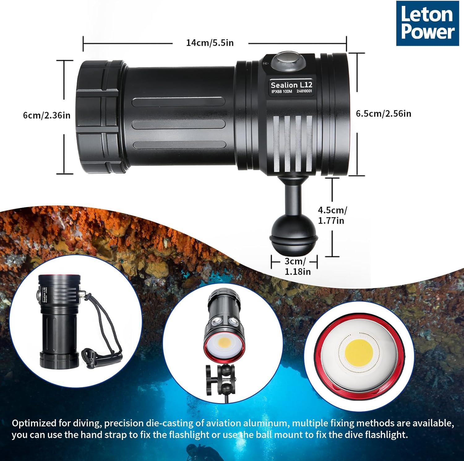 LetonPower L12 8000ルーメン防水ダイビングライト 充電式 100m潜水用