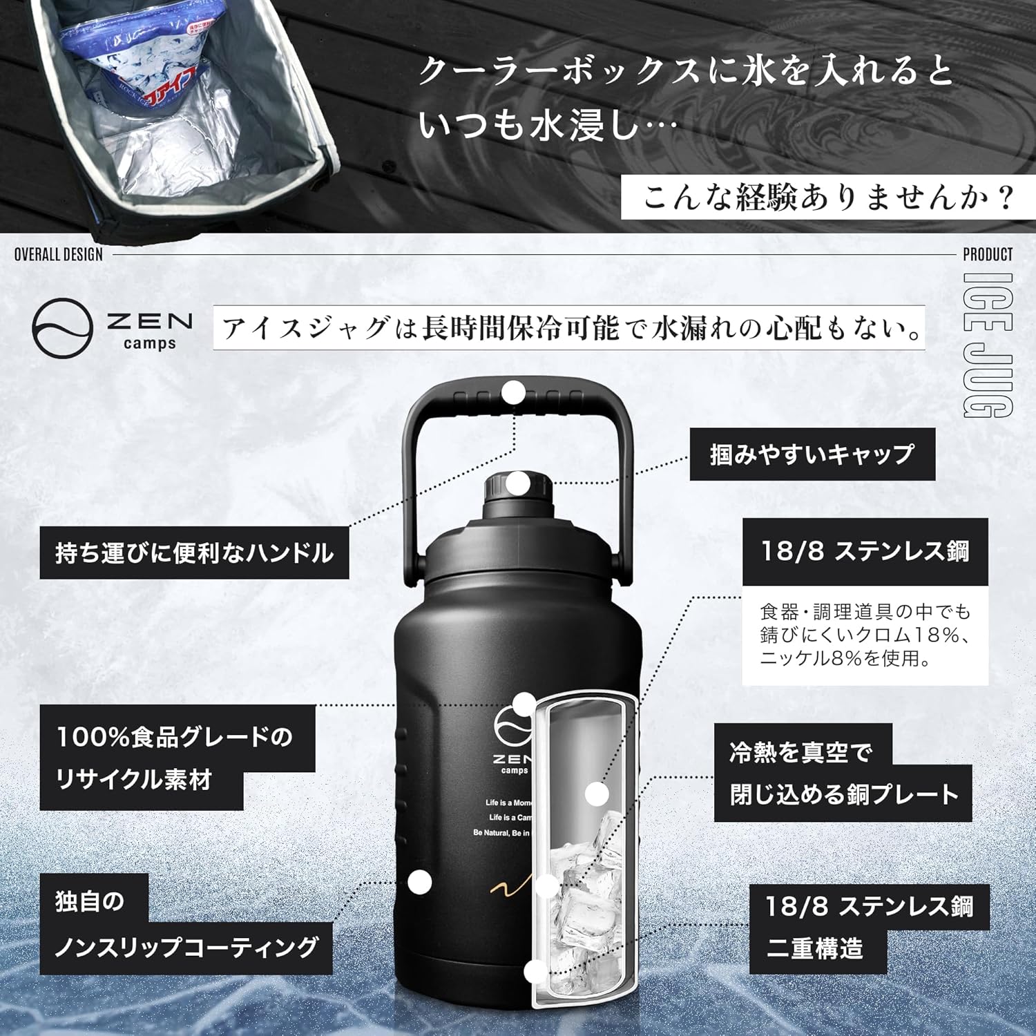 アウトドア用真空断熱アイスジャグ 1.9L/3.8L（ハーフガロン）