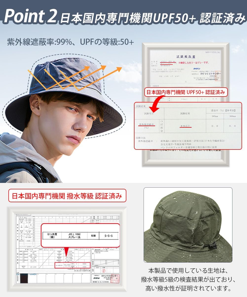 UVカット サファリハット メンズ 折りたたみ・収納一体型 UPF50+ 撥水 通気 軽量 バケットハット アウトドア用