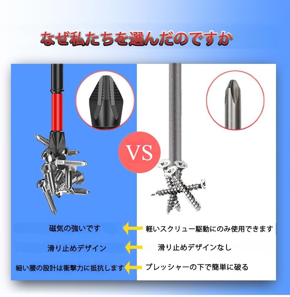 耐衝撃磁気ドライバービットセット（6本、25-150mm）電動ドライバー用