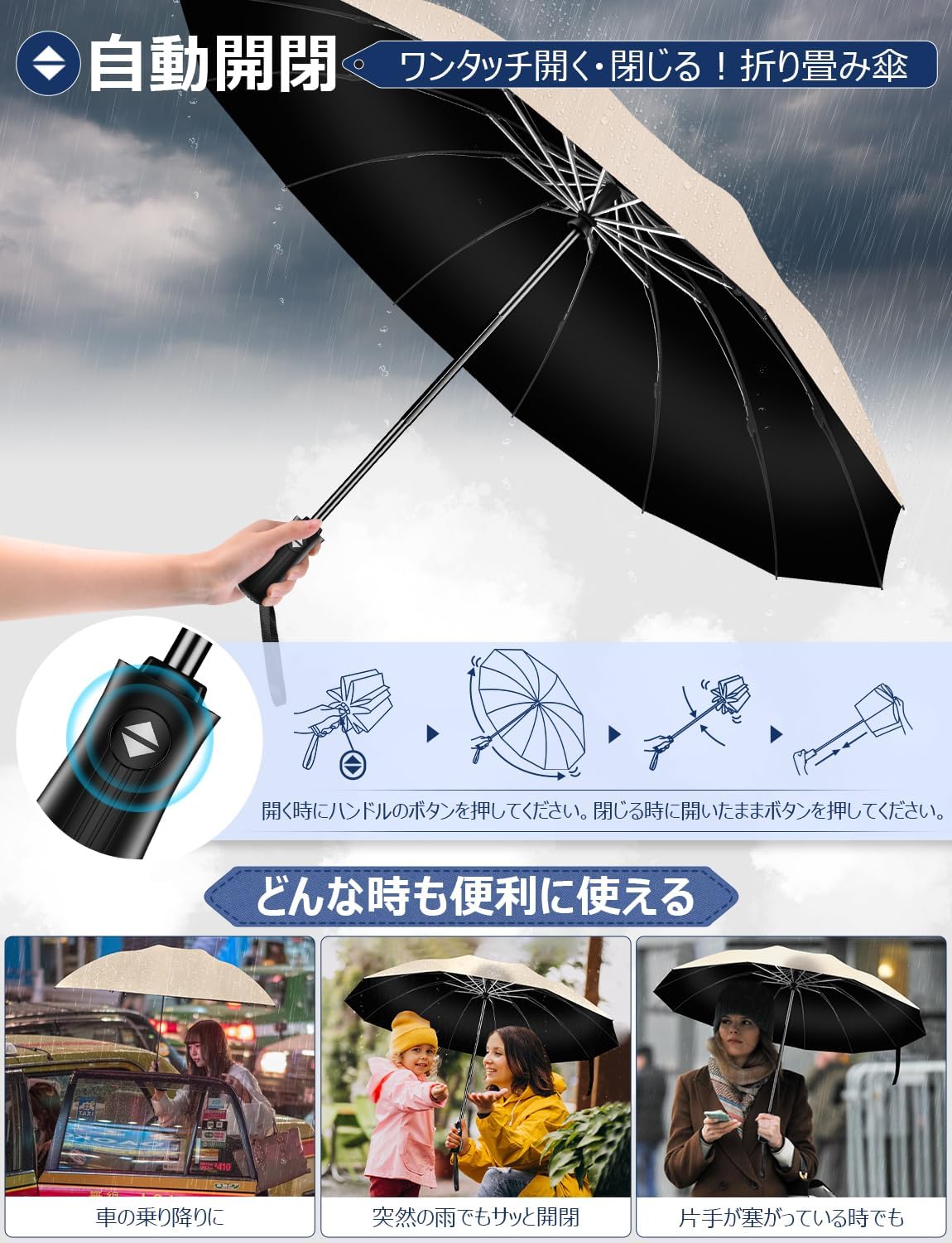 逆折り式折りたたみ傘 自動開閉 UPF50+ メンズ・レディース用 大型耐風設計 収納ポーチ付き