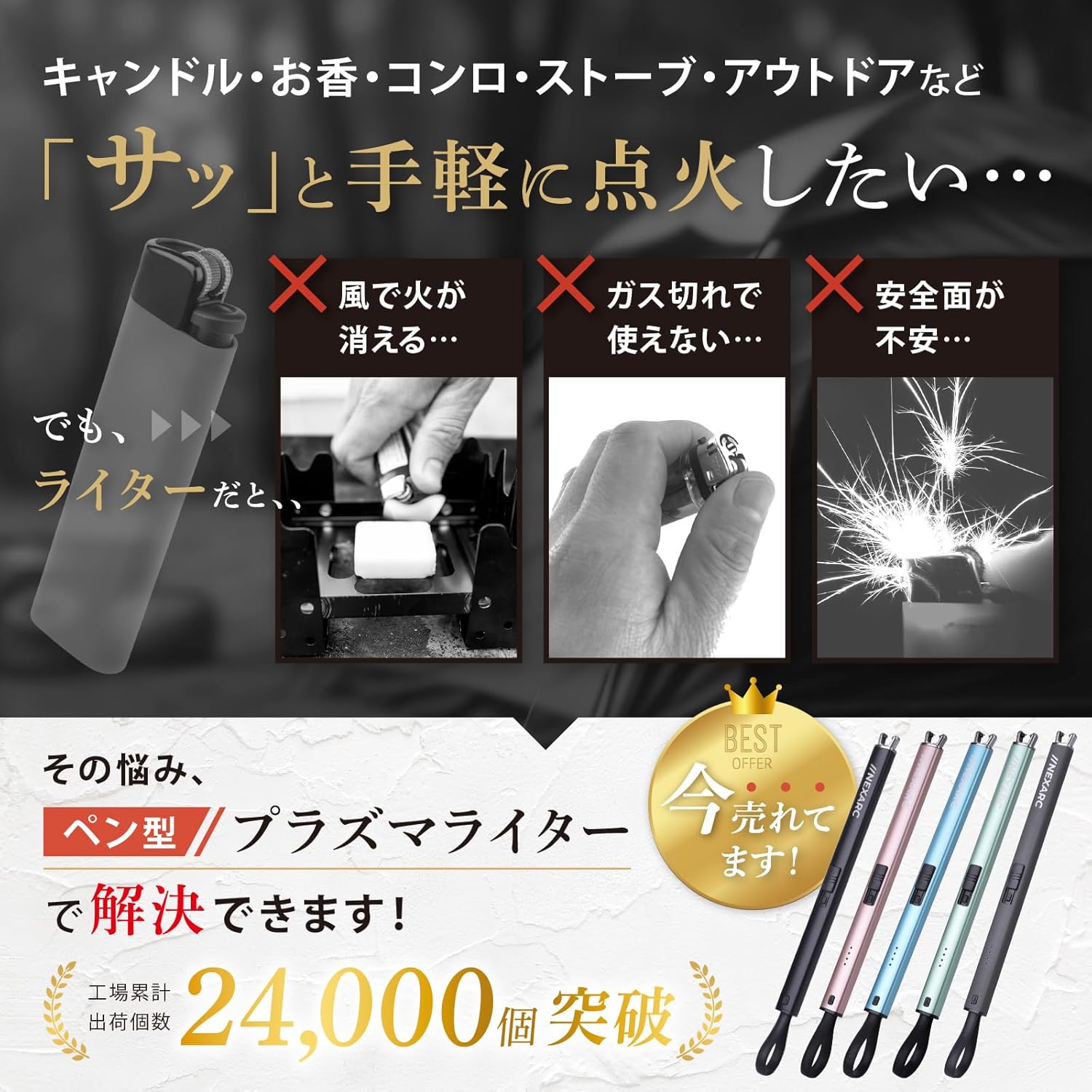 充電式USBプラズマライター 防風 スリムタイプ アウトドア用 (ブラック)
