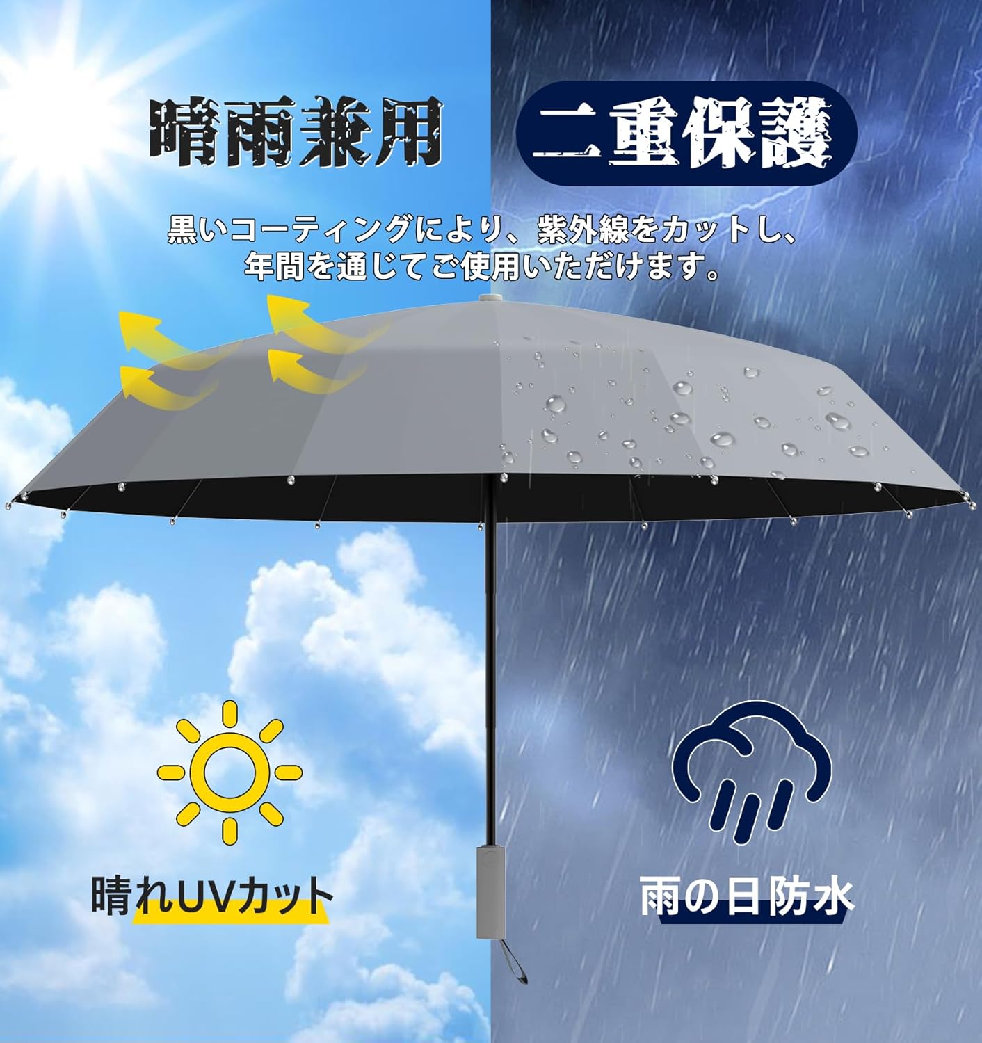 頑丈な16本骨自動開閉折りたたみ傘｜晴雨兼用・UVカット・超撥水・携帯便利