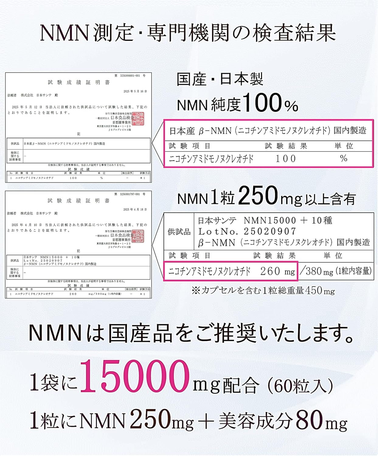 日本サンテ NMN15000 サプリメント（1粒250mg, 60粒×2袋） 美容成分10種配合・純度100%・日本製