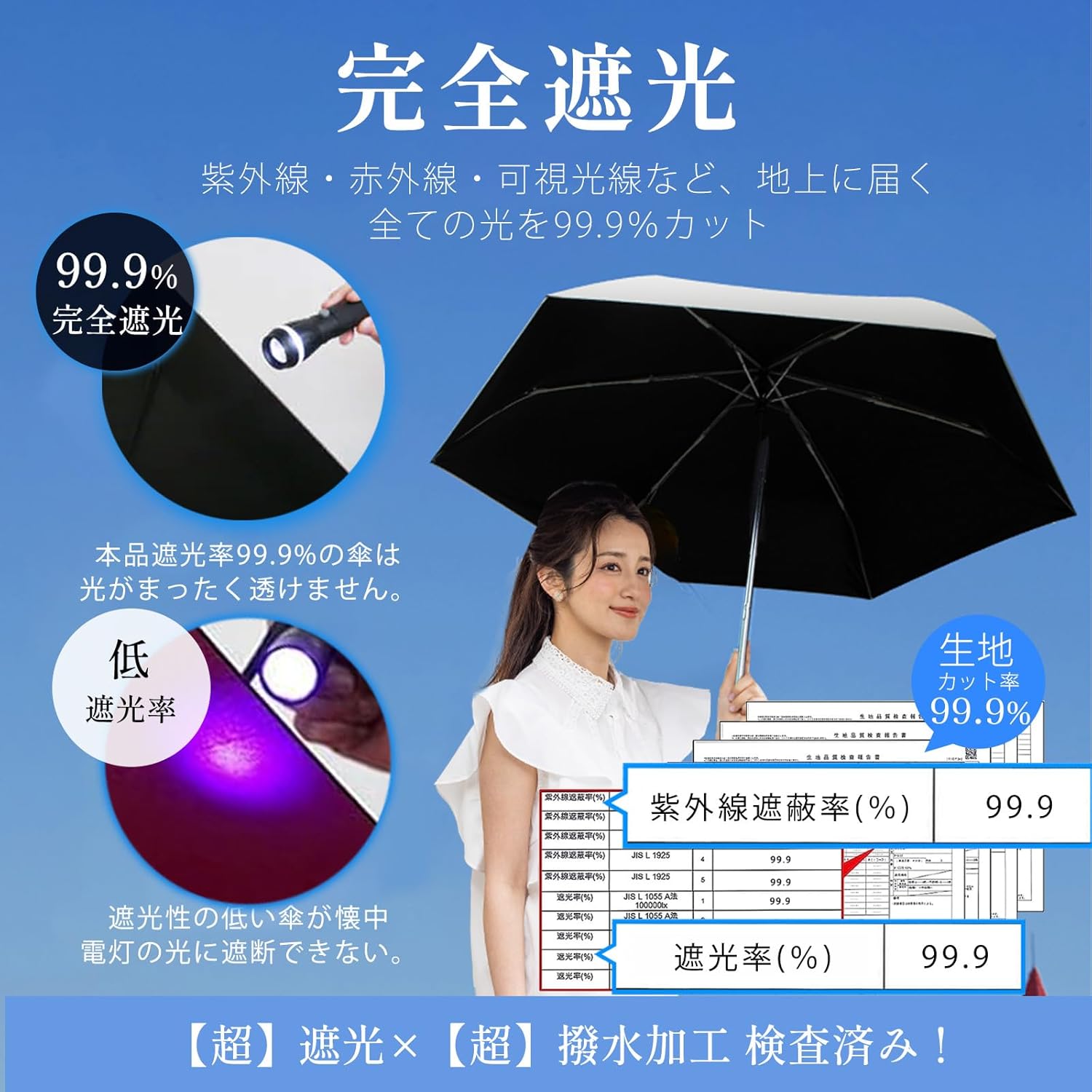 晴雨兼用 日傘 折りたたみ式 99.9％完全遮光 UVカット UPF50+ ケース付き コンパクト 男女兼用