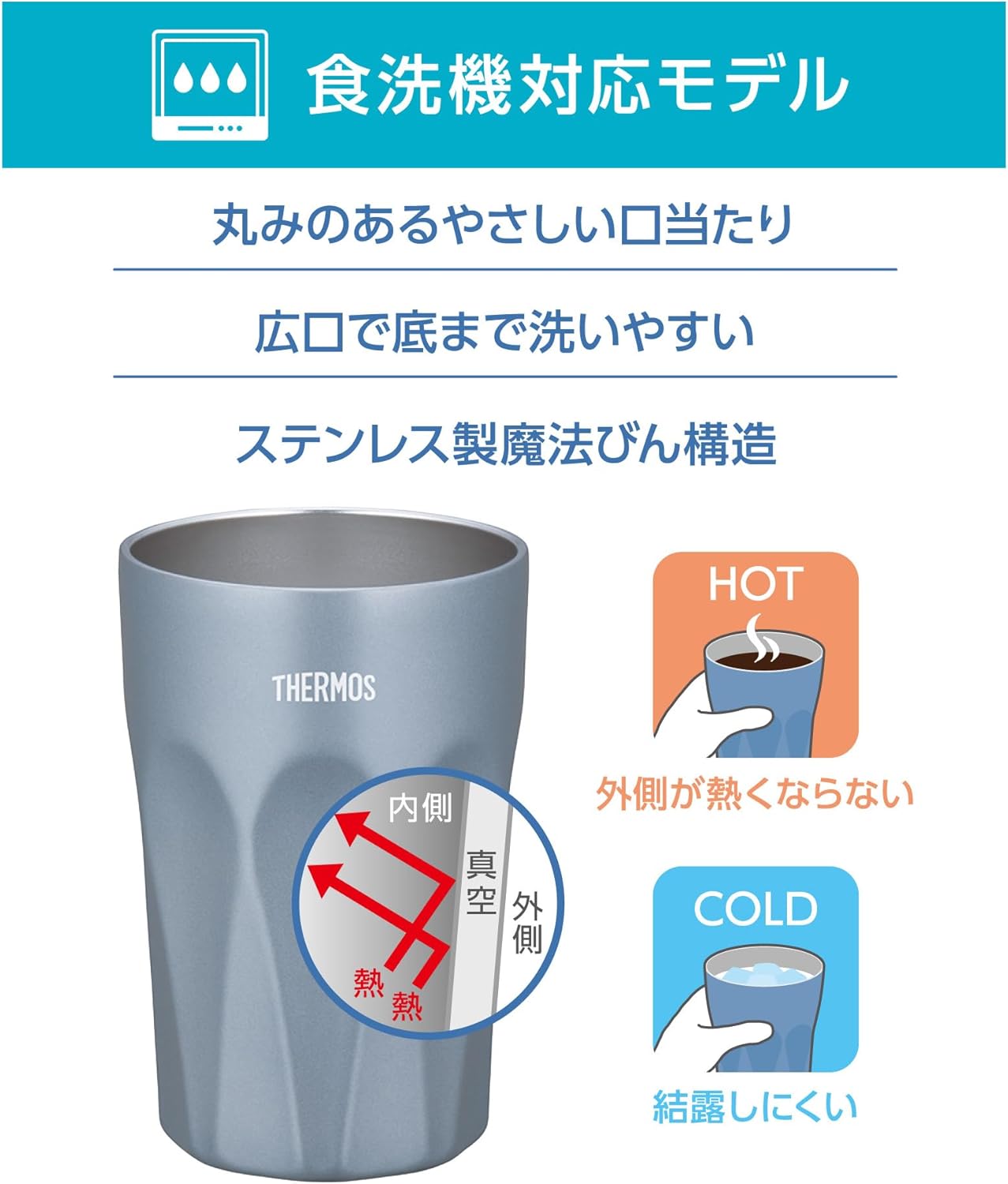 真空断熱タンブラー 400ml ミスティブルー - サーモス製 ガラスコップ風デザイン