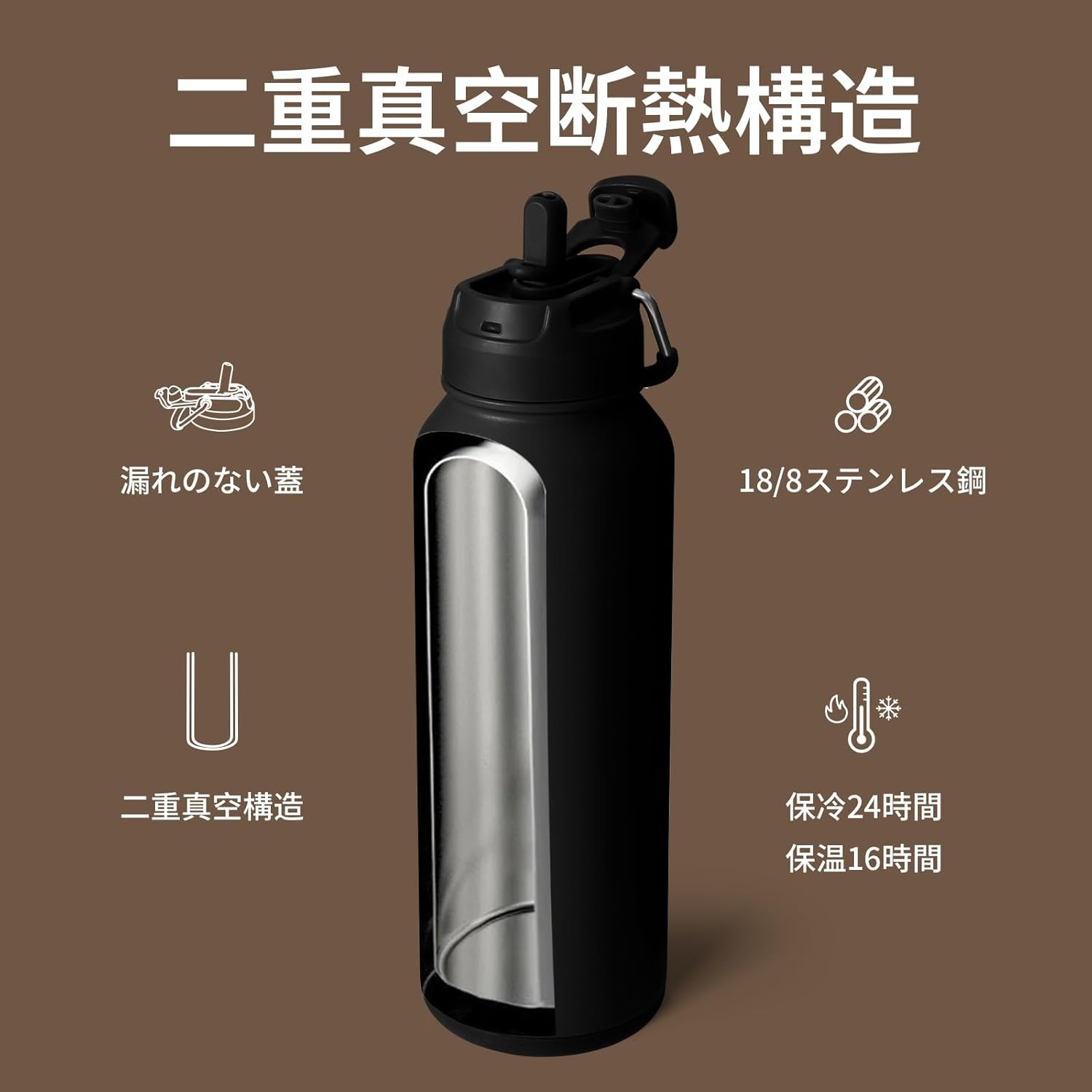 1リットル ステンレス水筒 2WAY蓋 保温保冷 直飲み ストロー付き ブラック