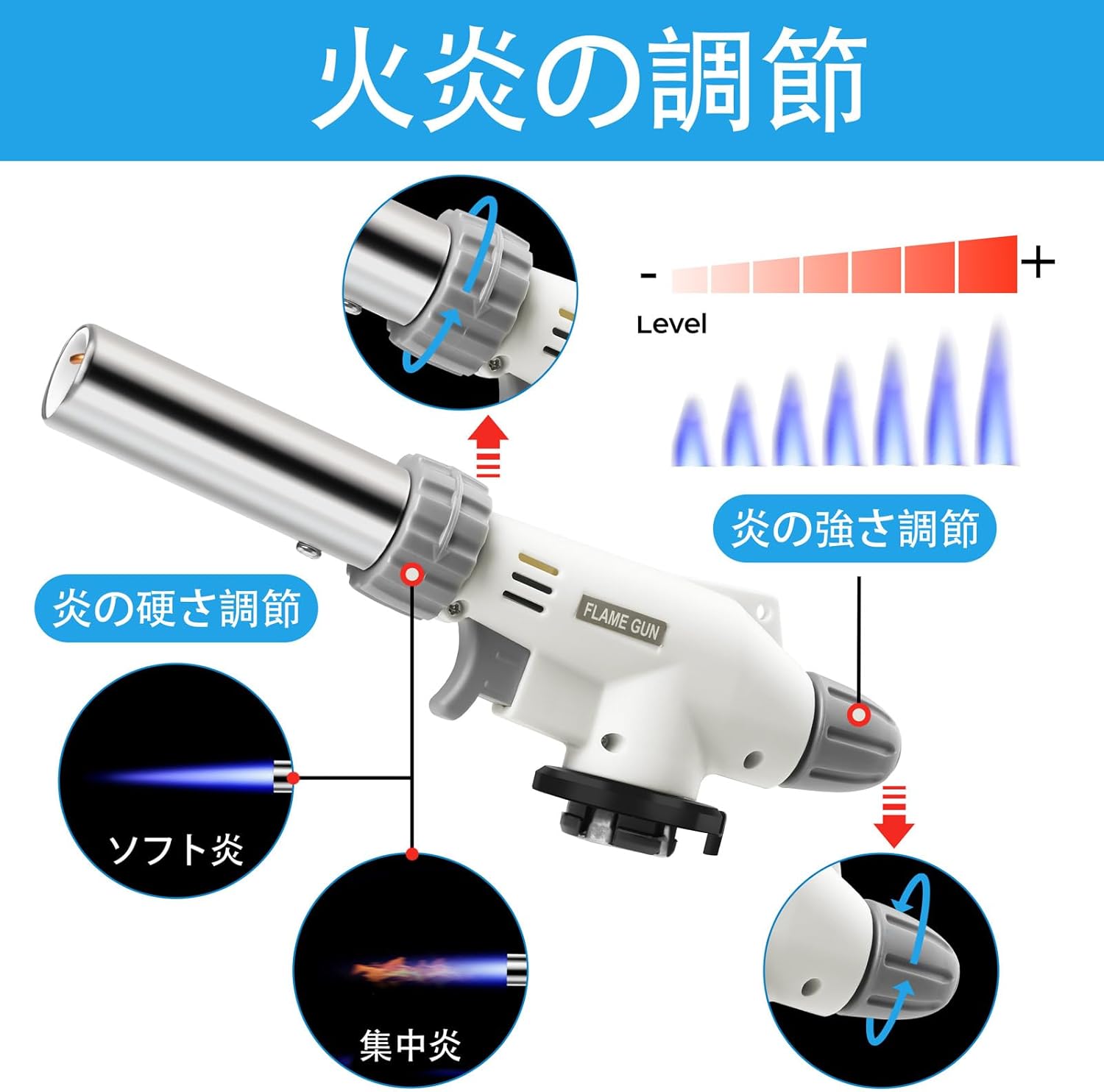 【アウトドア・料理用】強力耐風ガスバーナー 電子点火 逆さ使用可 調整可能な火力 900℃~1300℃【ホワイト】