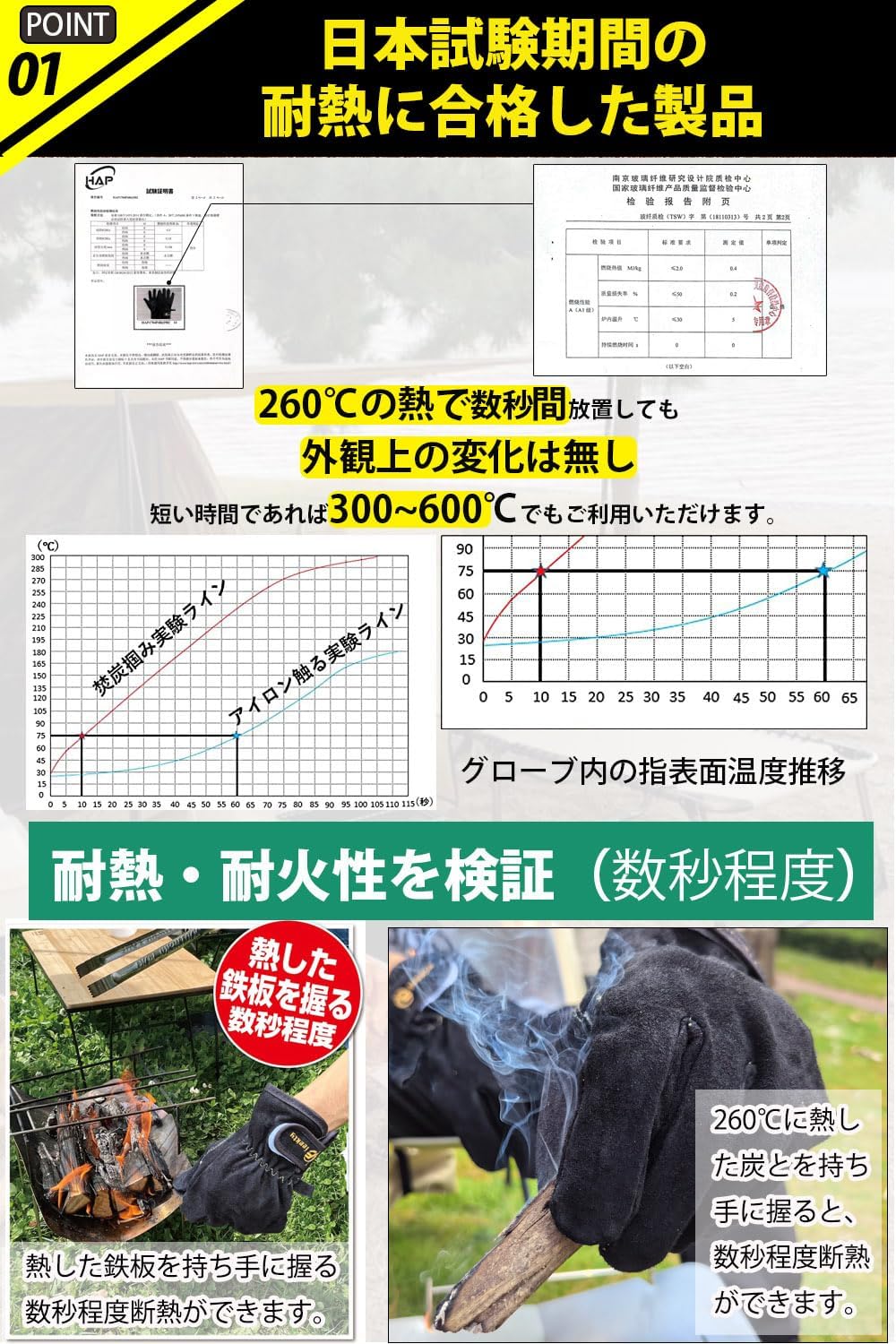 耐熱350℃ A級牛革製グローブ 作業手袋 アウトドア用【キャンプ・バーベキュー・焚き火】