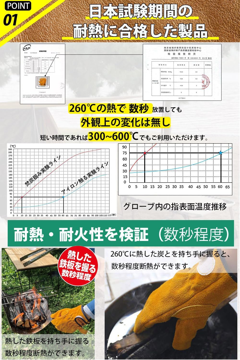 耐熱性牛革グローブ - アウトドア用バーベキュー・焚き火手袋（高温耐性350℃）
