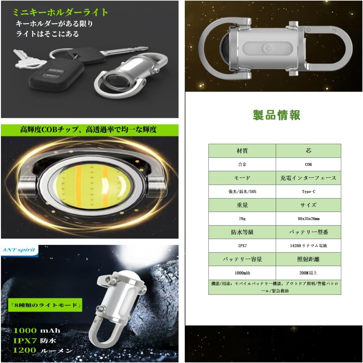 ポータブル防水キーホルダー型LED懐中電灯 1200ルーメン Type-C充電対応