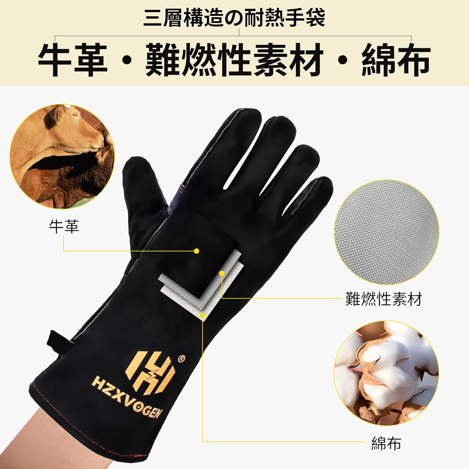 耐熱500度 牛革製グローブ 溶接・キャンプ用 男女兼用