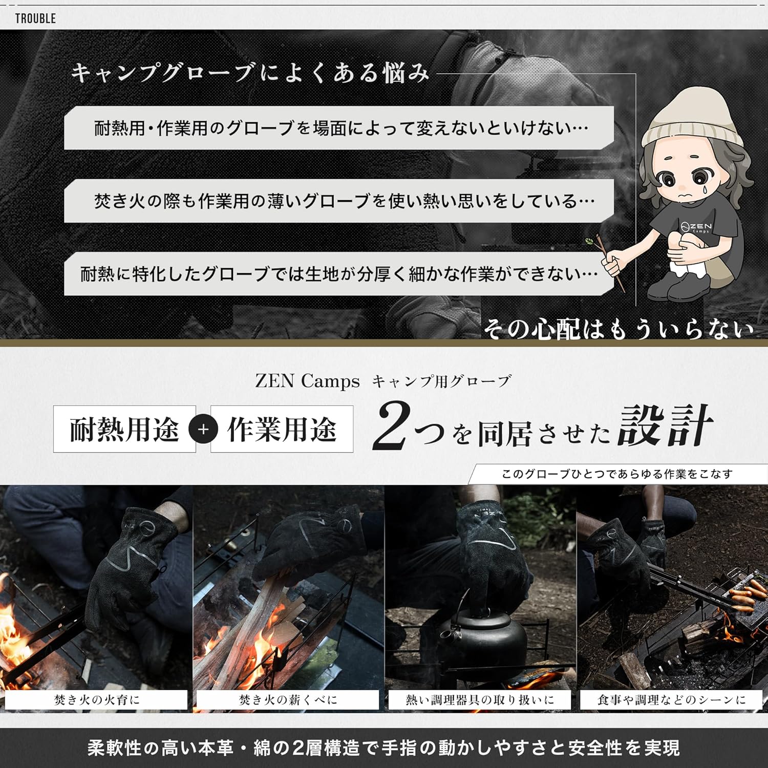 アウトドア用耐熱本革手袋 ZEN Camps BBQ用 3サイズ展開