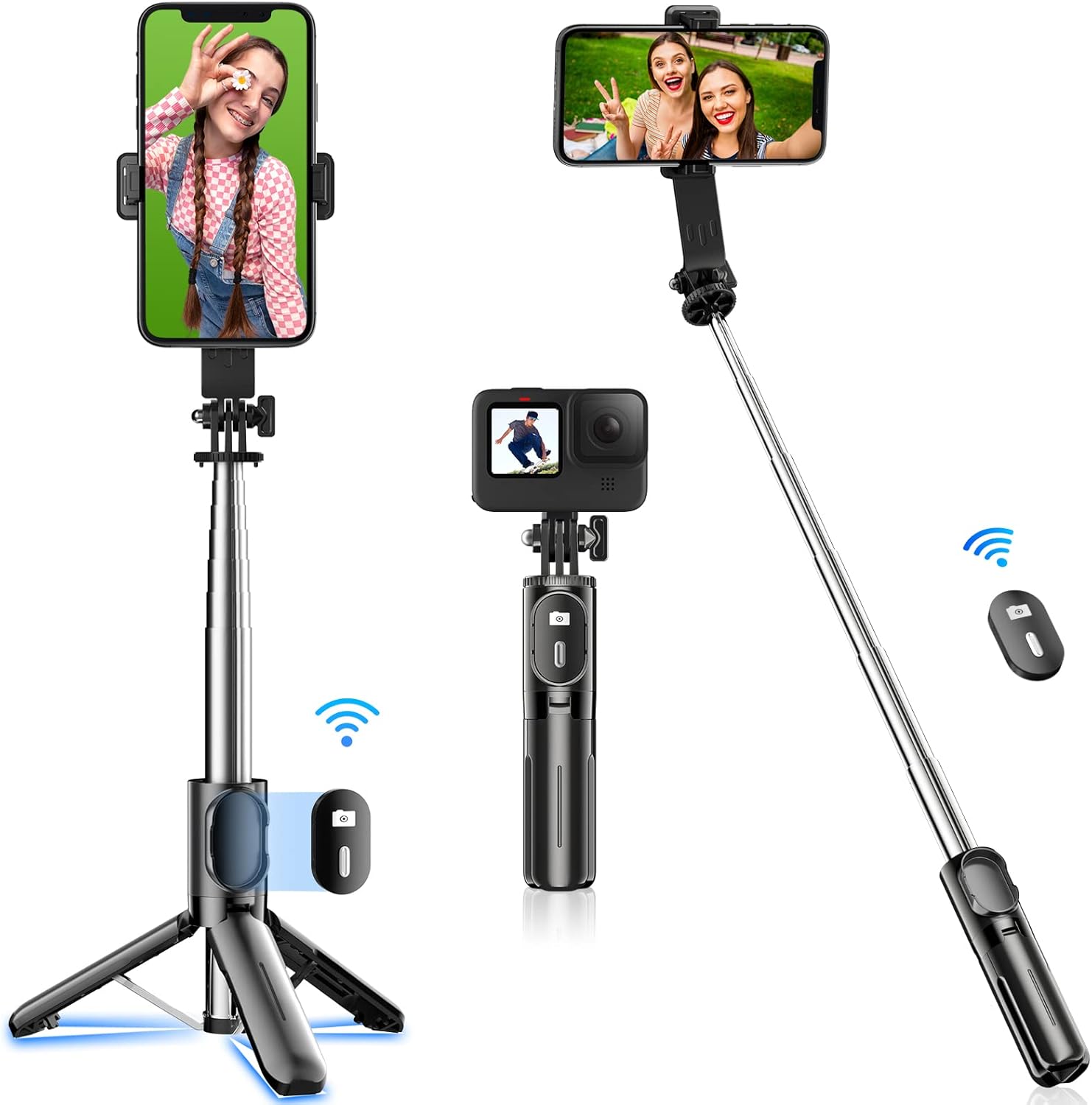 ミニスマホ三脚自撮り棒（リモコン付き、71cm / 7段階伸縮、360°+260°調整）