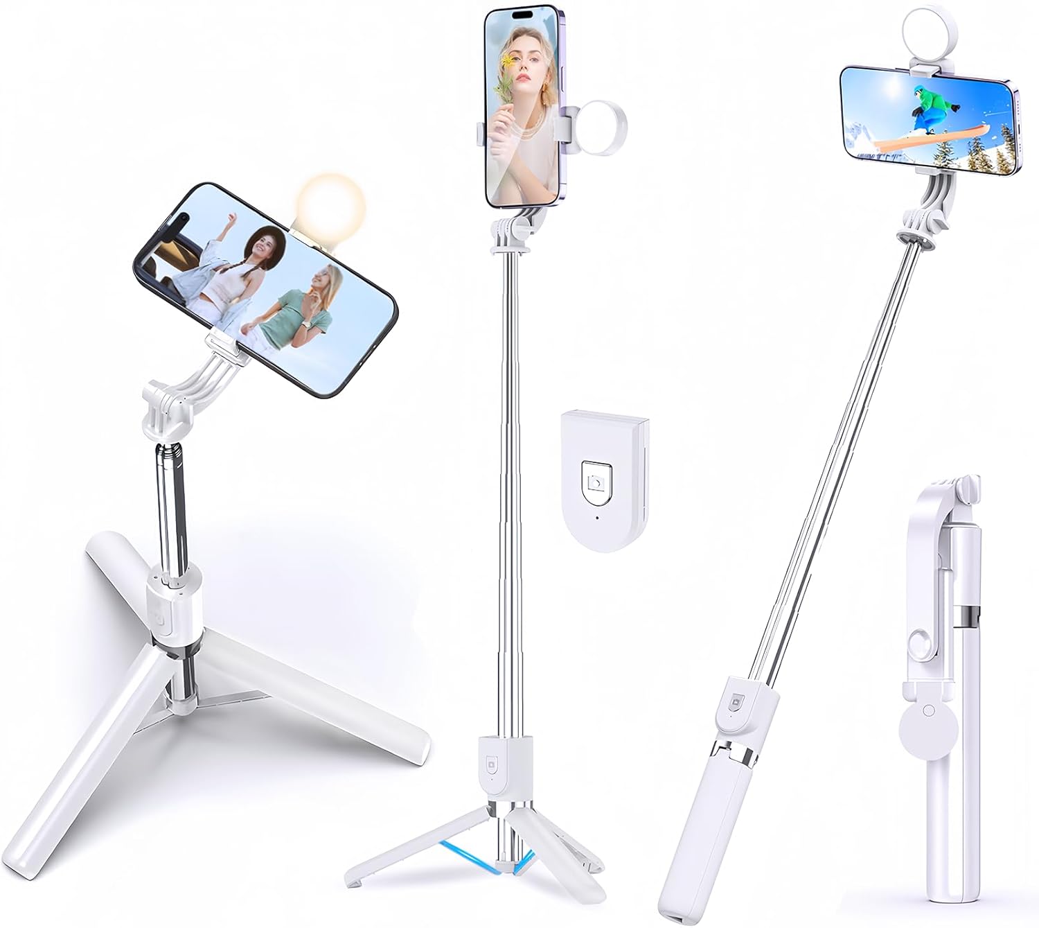 セルフィー用軽量自撮り棒 三脚付き 110cm 360°回転 折りたたみ式 ブラック