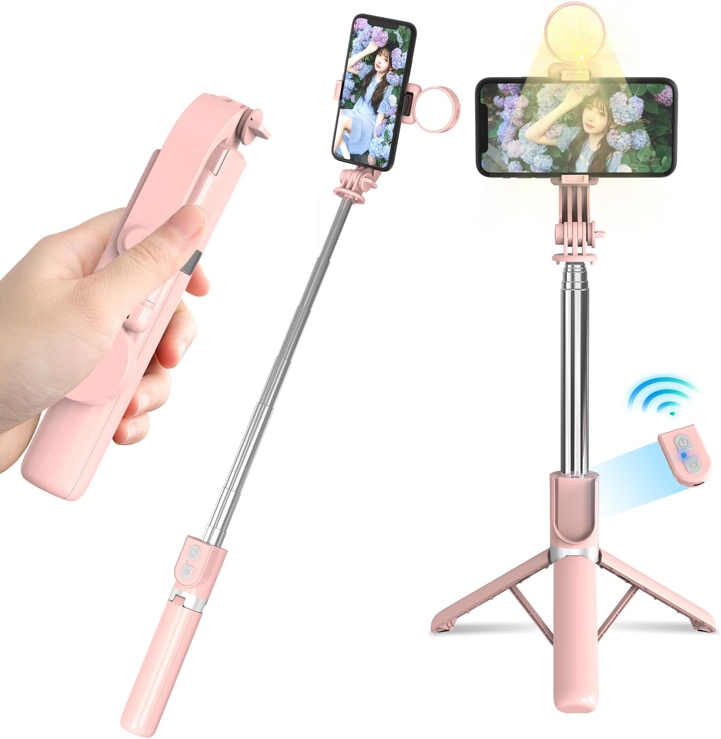 2024年最新モデル・ライト付き自撮り棒三脚（Bluetoothリモコン、9段階伸縮、120cm） ピンク