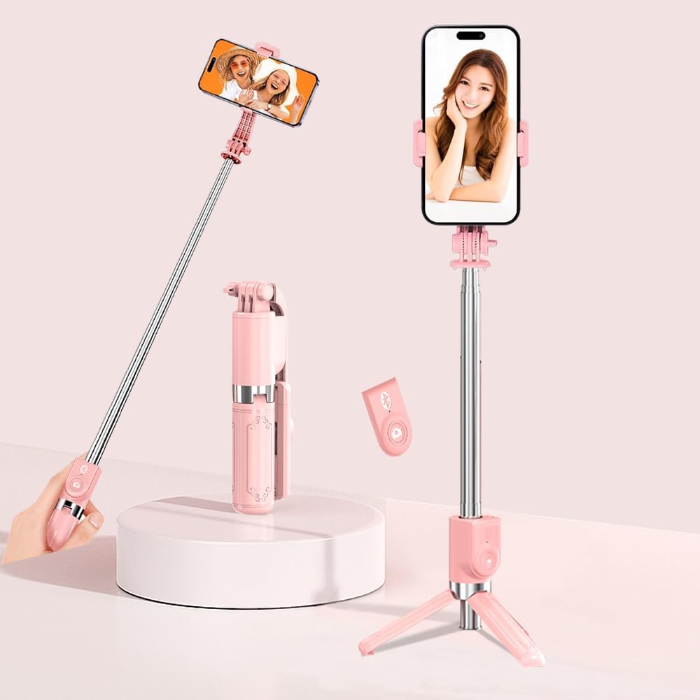 軽量リモコン付き自撮り棒三脚（スマホスタンド） 68cmまで伸縮可能 - iPhone＆Android対応 (ピンク)