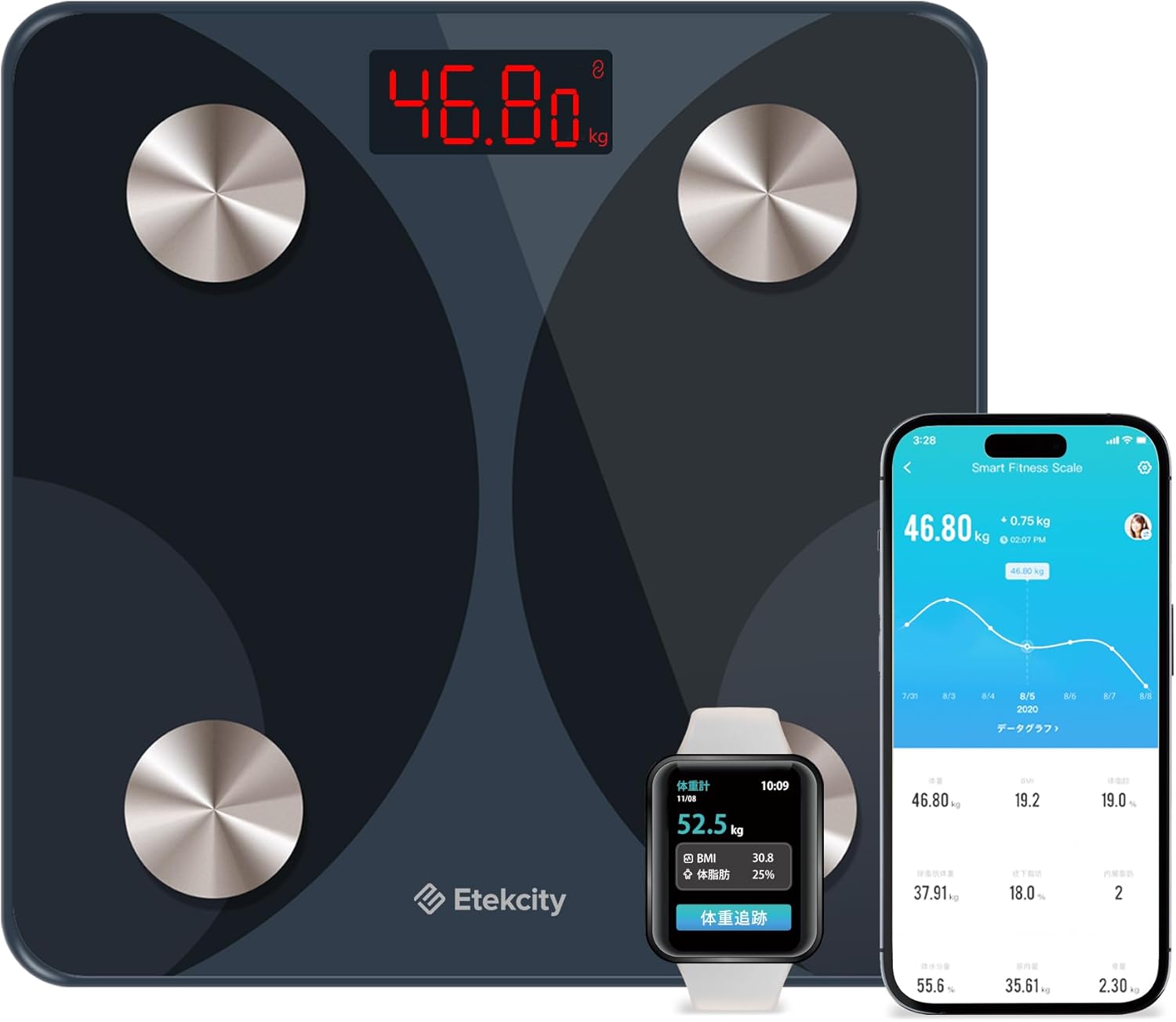 13項目測定可能な体組成計 スマホ連動 高精度 軽量 体脂肪計 FIT8S (黒)