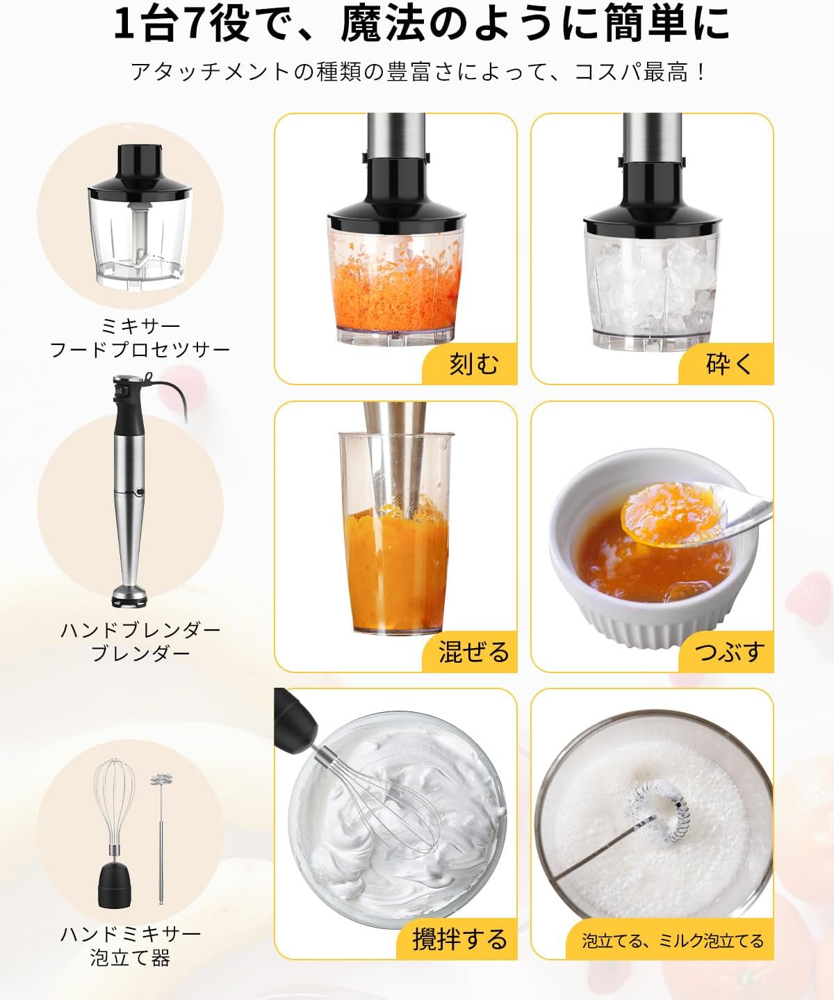ハンドブレンダー ハゴオギ 7役 20000rpm 強力 離乳食対応 ブラック