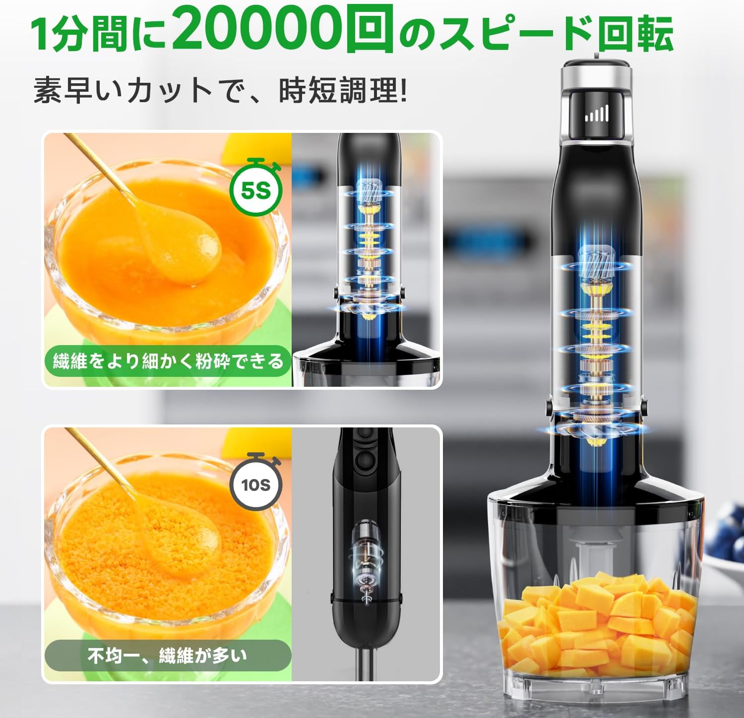 ハンドブレンダー 無段階変速 20000rpm 離乳食・調理用 1台6役