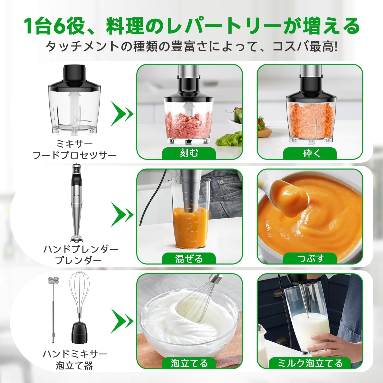 ハンドブレンダー 無段階変速 20000rpm 離乳食・調理用 1台6役