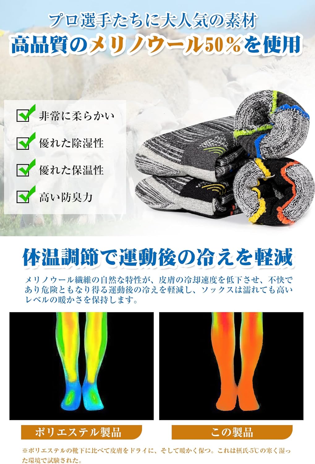 メンズ用メリノウール厚手スキー靴下2足組【防寒・抗菌防臭】冬のウィンタースポーツ用