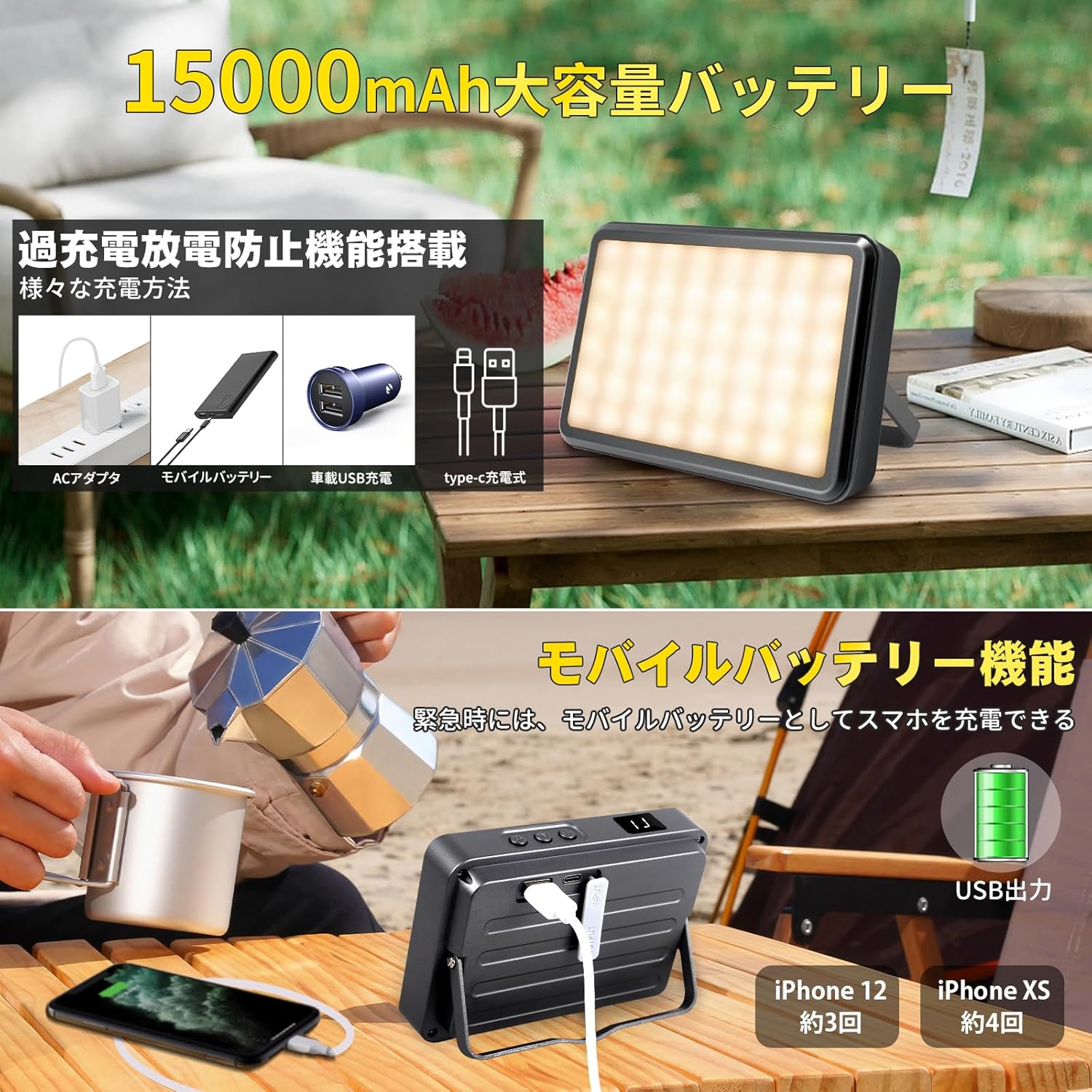 アウトドアイベント用充電式LEDランタン【15000mAh・連続点灯180時間・5段階調光】