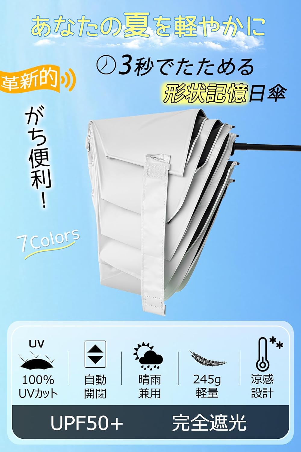 日焼け対策に最適！自動開閉形状記憶軽量折りたたみ日傘 UVカット 100%遮光