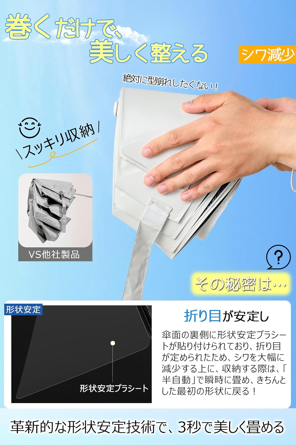 日焼け対策に最適！自動開閉形状記憶軽量折りたたみ日傘 UVカット 100%遮光