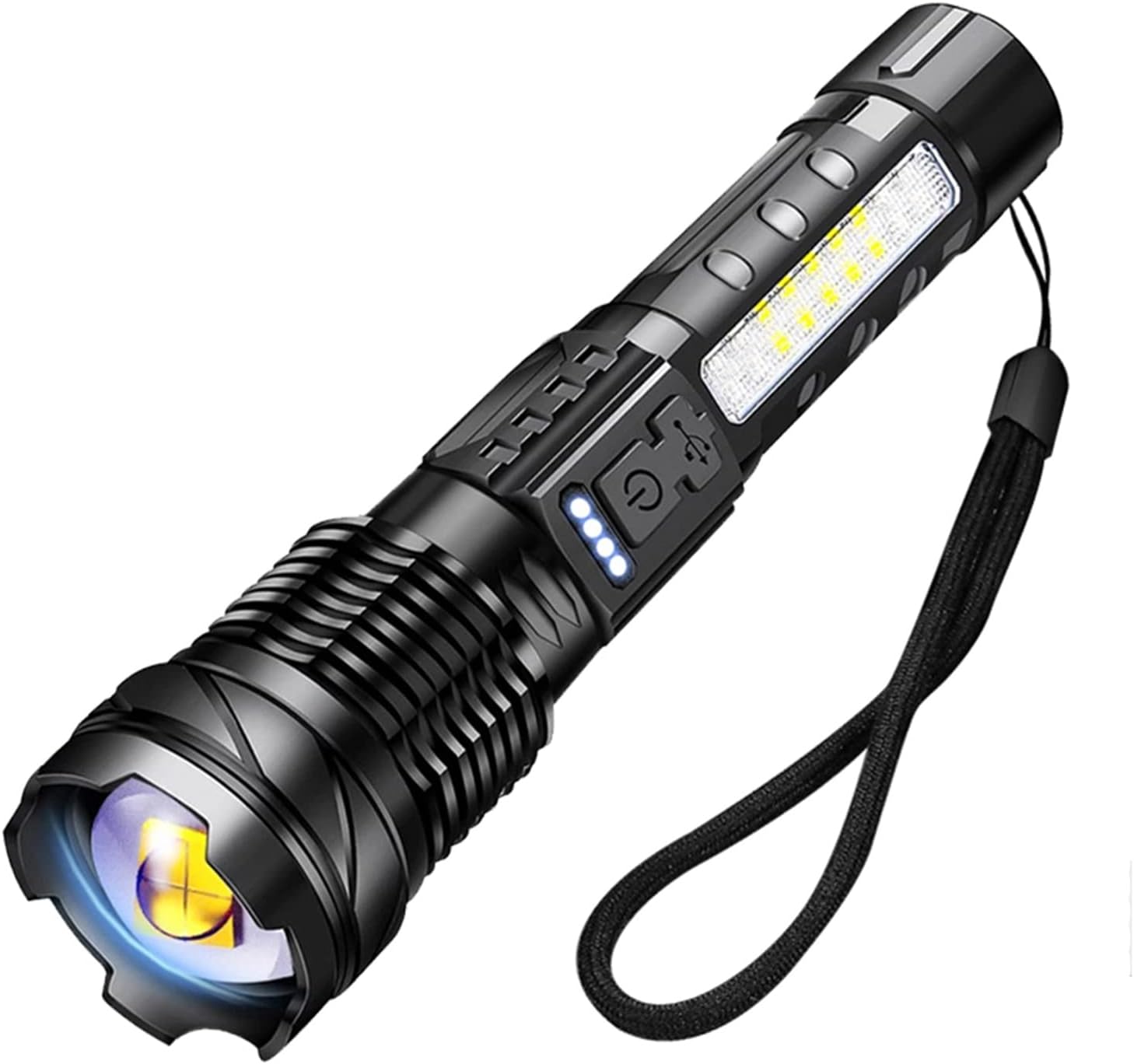 充電式高ルーメン懐中電灯 - 7モード・COBサイドライト付き【緊急キャンプ用】