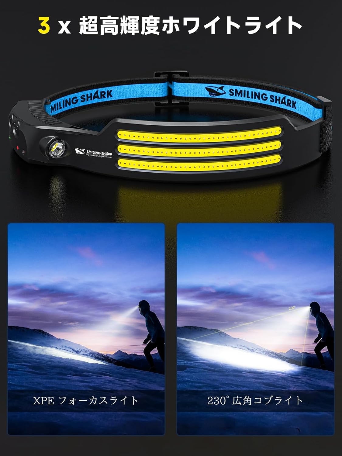 Smiling Shark 充電式 LED ヘッドライト USB充電 230°広角・超軽量・防水防塵