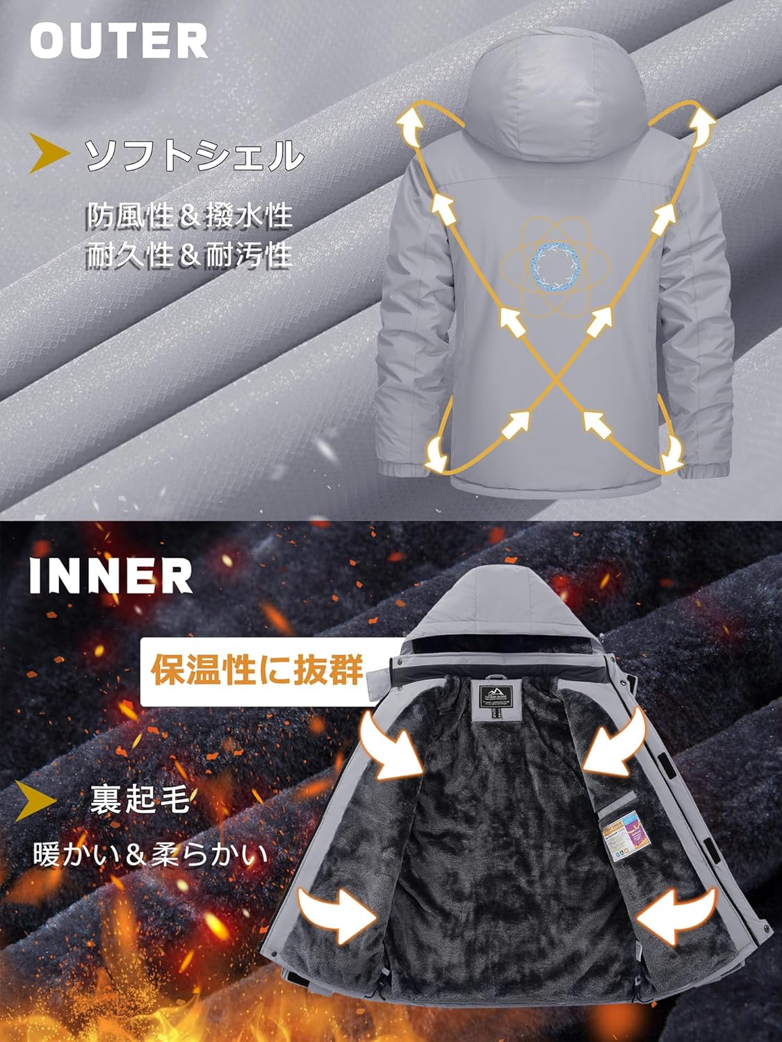 冬のアウトドア用　メンズ防風裏ボアマウンテンパーカー