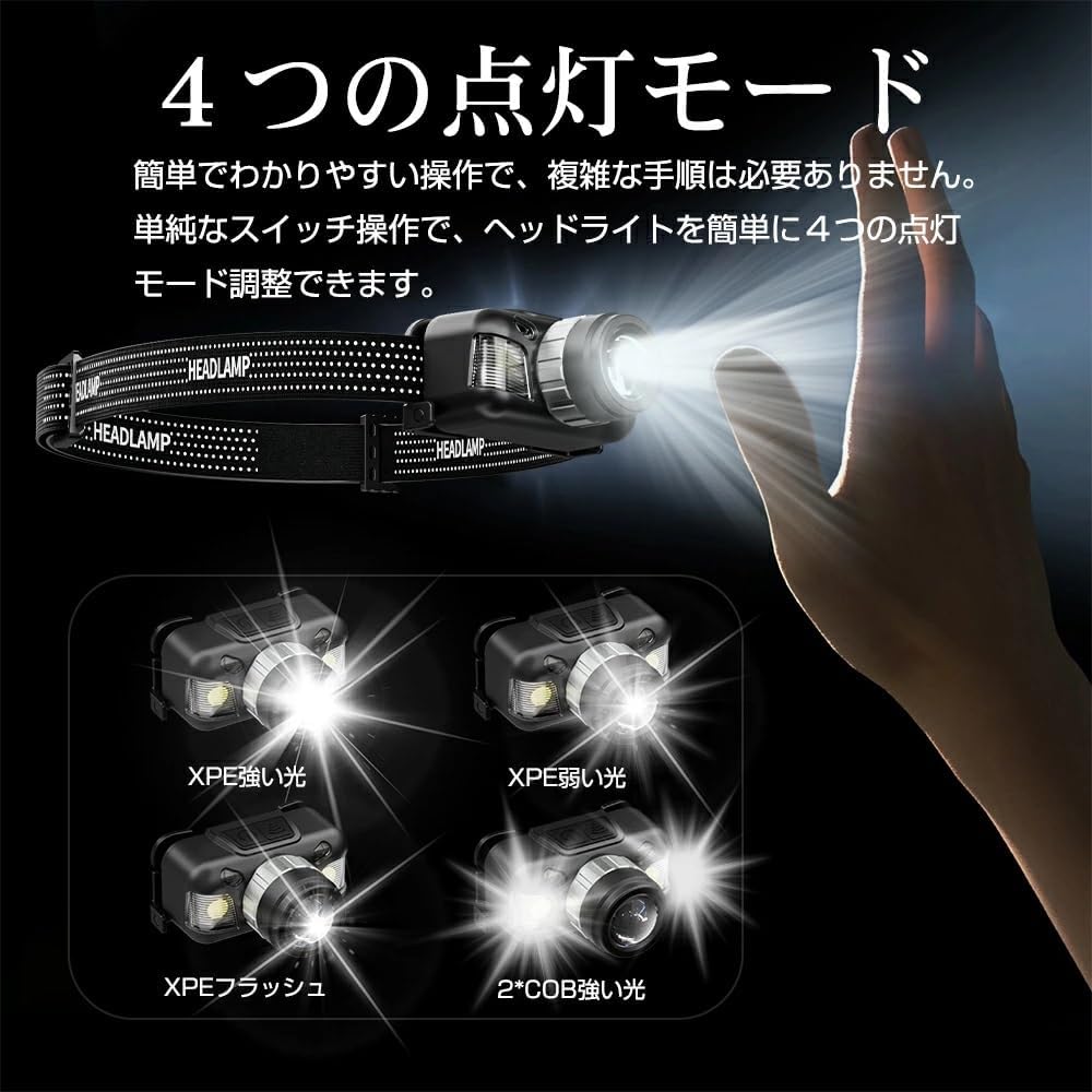 USB充電式ヘッドライト 高輝度800ルーメン 手振りセンサー機能付き 防水・防塵 小型軽量 先進的なアウトドア向け