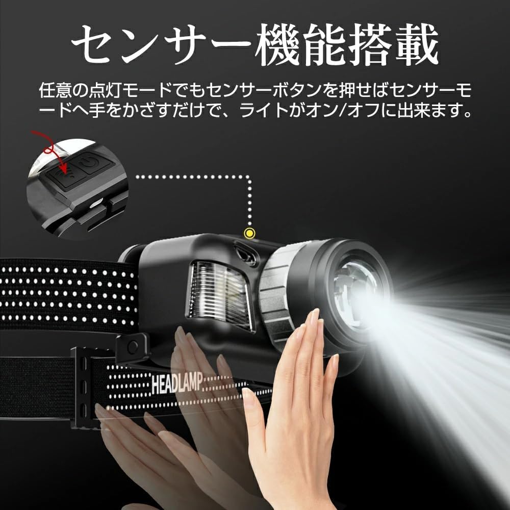 USB充電式ヘッドライト 高輝度800ルーメン 手振りセンサー機能付き 防水・防塵 小型軽量 先進的なアウトドア向け