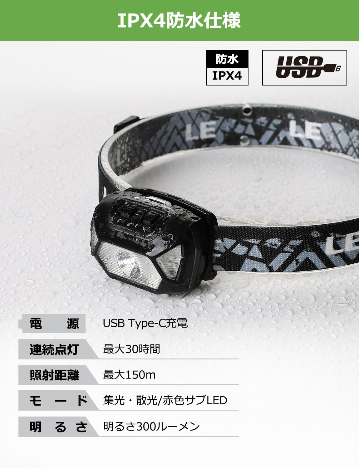 充電式LEDヘッドライト2個セット 高輝度300ルーメン IPX4防水 赤色サブライト搭載 アウトドア・作業用